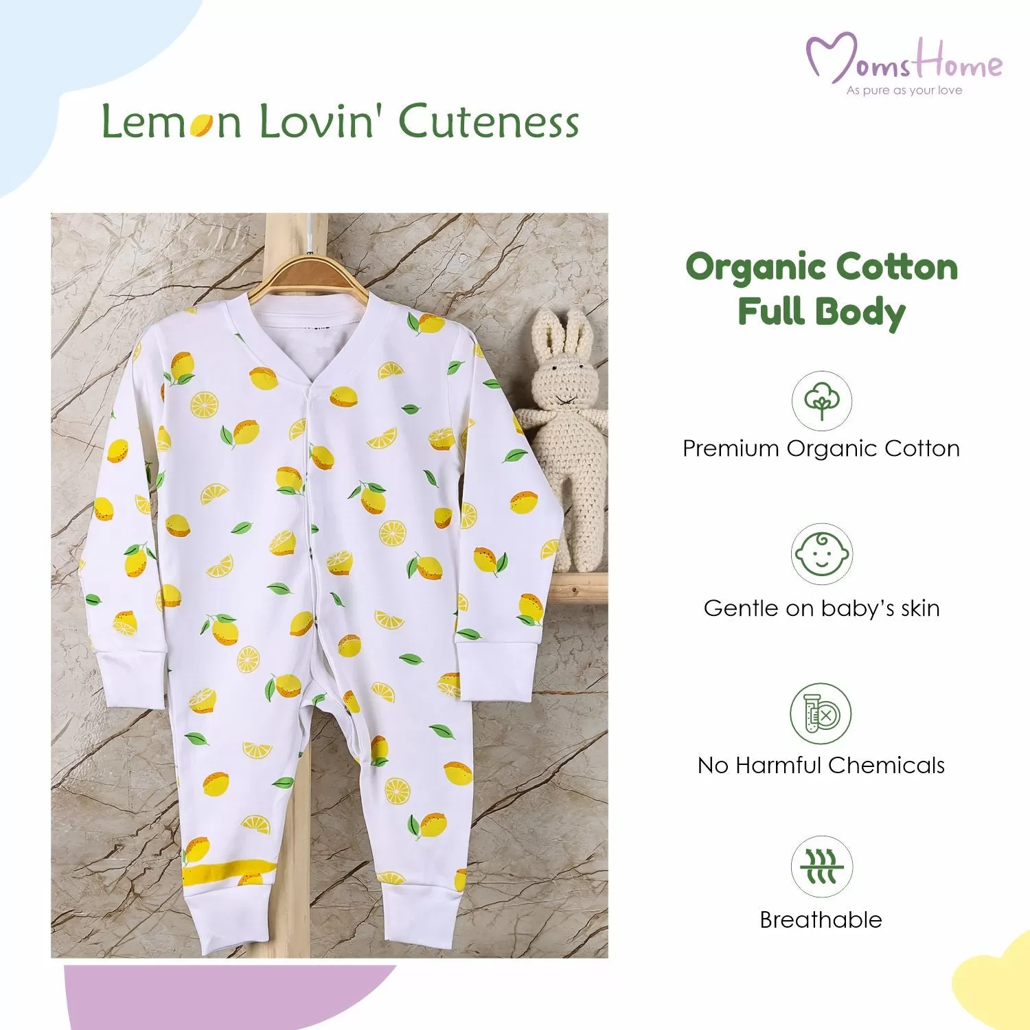 Kids Organic Cotton Full Body Romper With Cap | Lemon