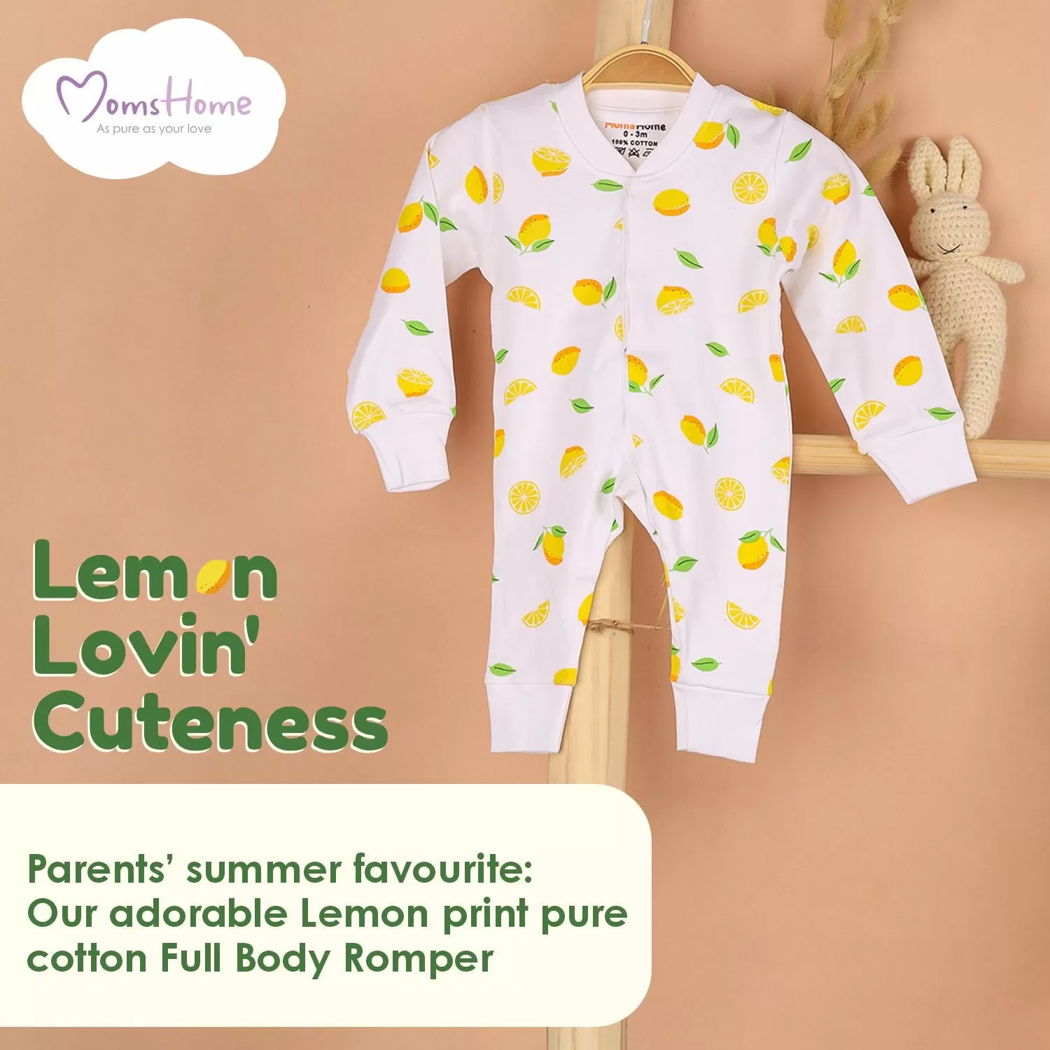 Kids Organic Cotton Full Body Romper With Cap | Lemon