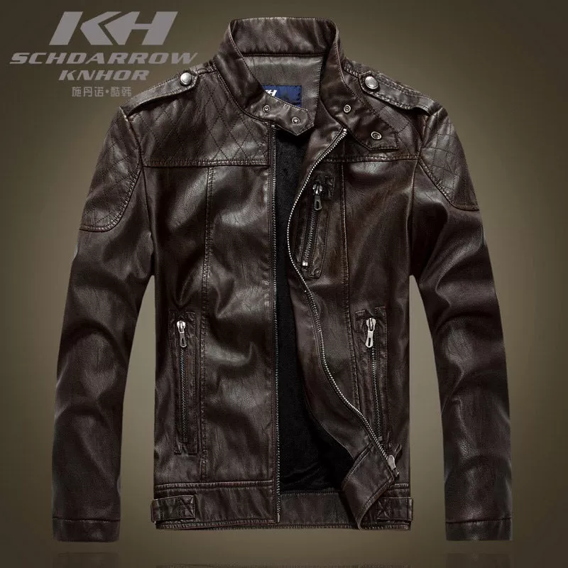 Leather Jacket Men's Standing Collar Washed PU Leather Jacket Nostalgia | 8899