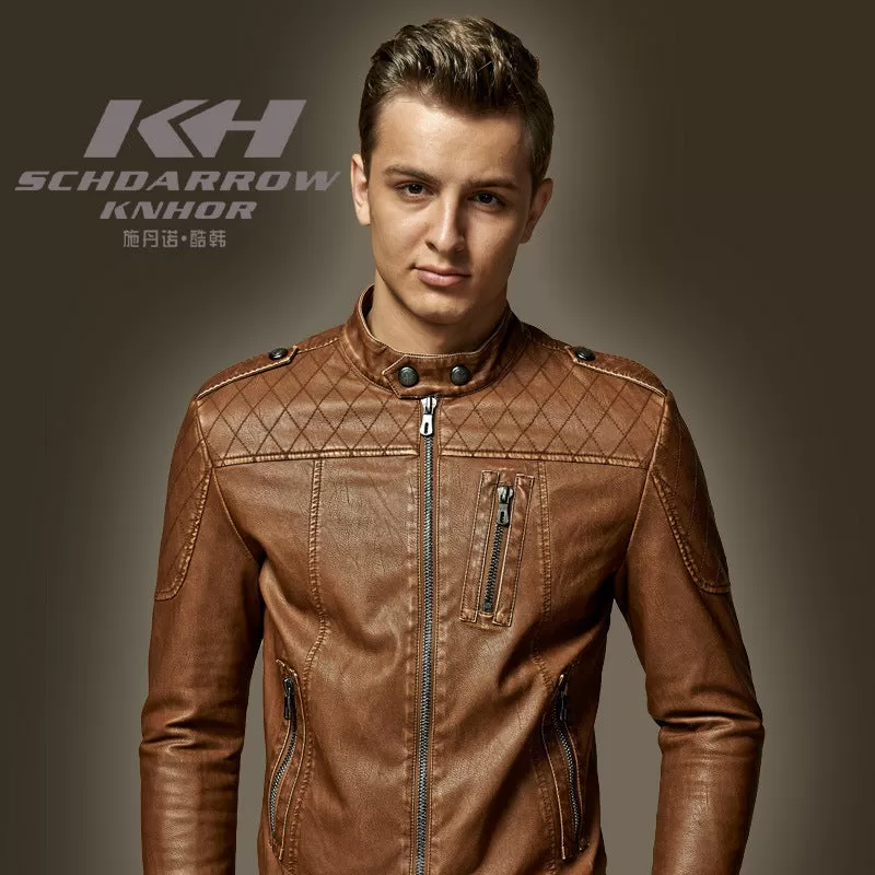 Leather Jacket Men's Standing Collar Washed PU Leather Jacket Nostalgia | 8899