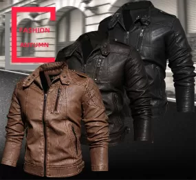 Leather Jacket Men's Standing Collar Washed PU Leather Jacket Nostalgia | 8899