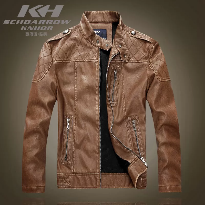 Leather Jacket Men's Standing Collar Washed PU Leather Jacket Nostalgia | 8899