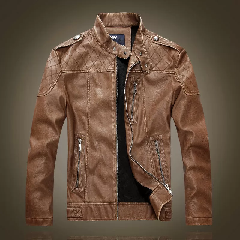 Leather Jacket Men's Standing Collar Washed PU Leather Jacket Nostalgia | 8899