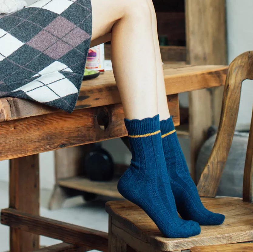 Loose Cuff Wool   Cotton Socks | Navy Blue