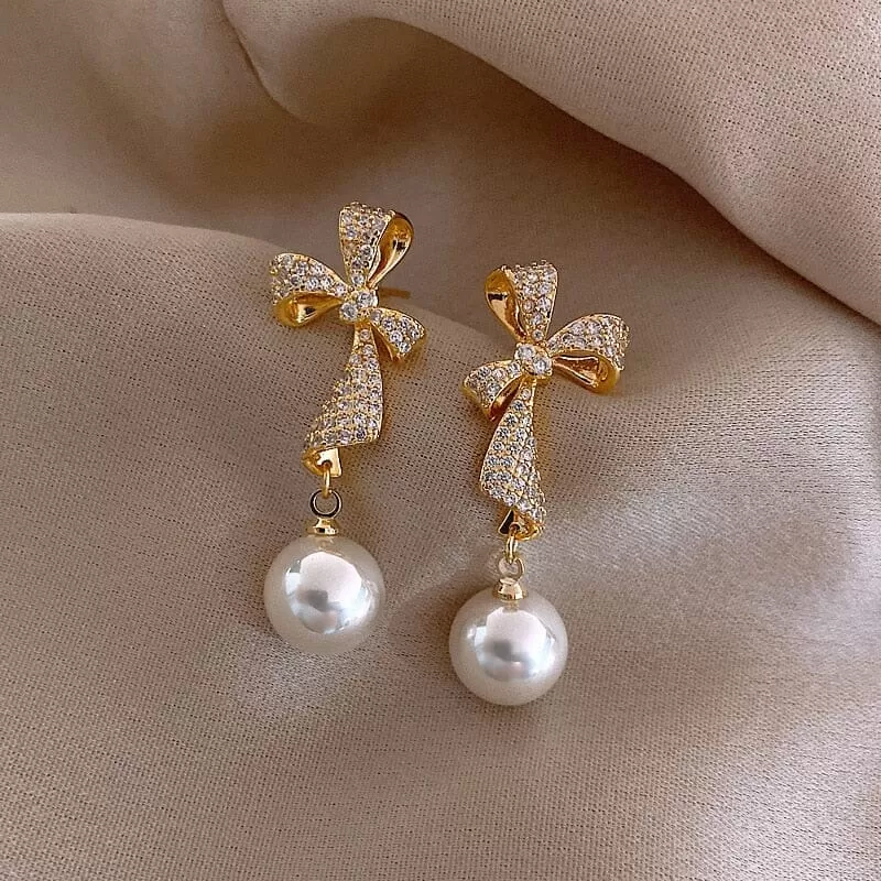 Luxury Charm Bows Pearl Dangle Earrings