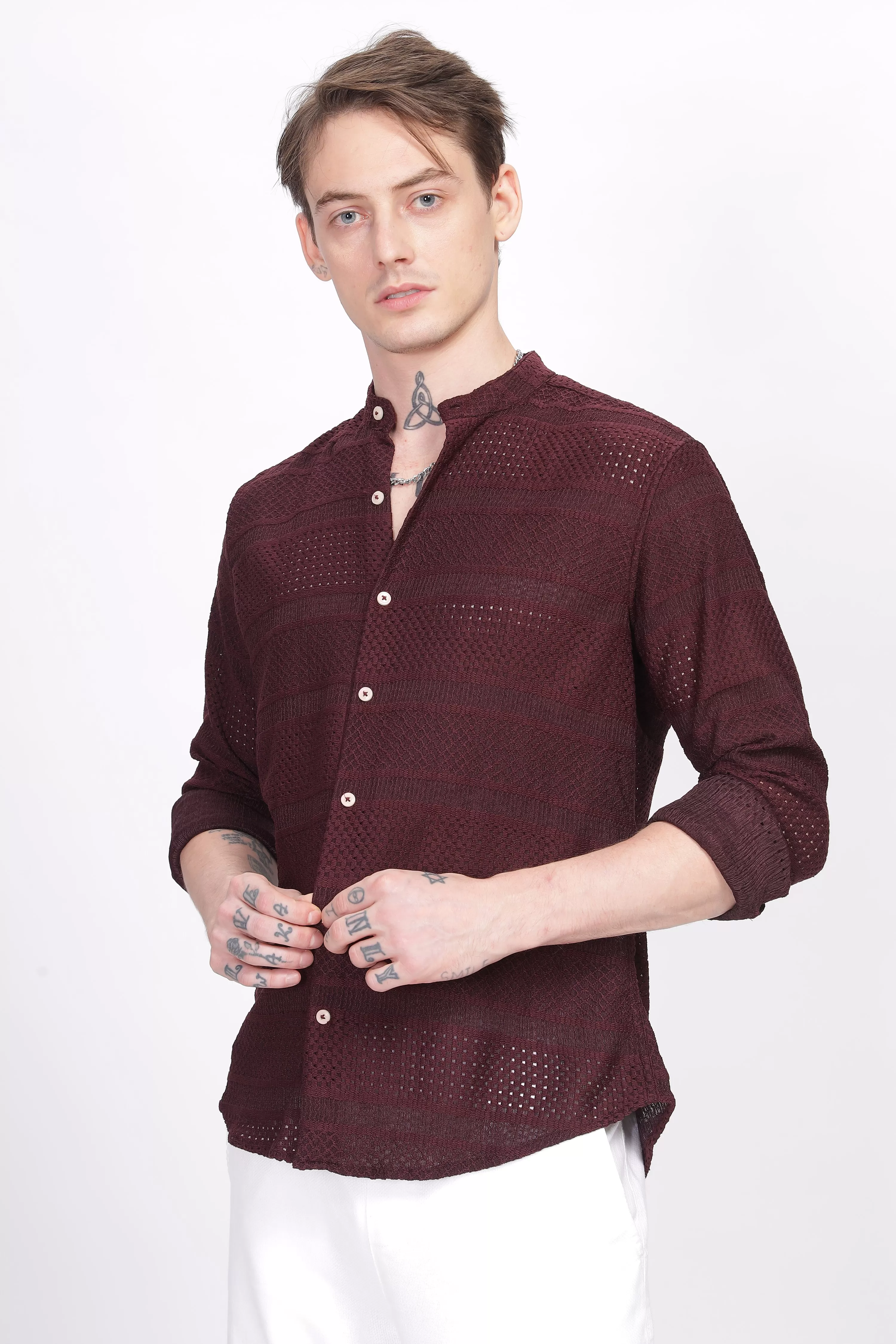 Mandarin Collar Maroon Shirt