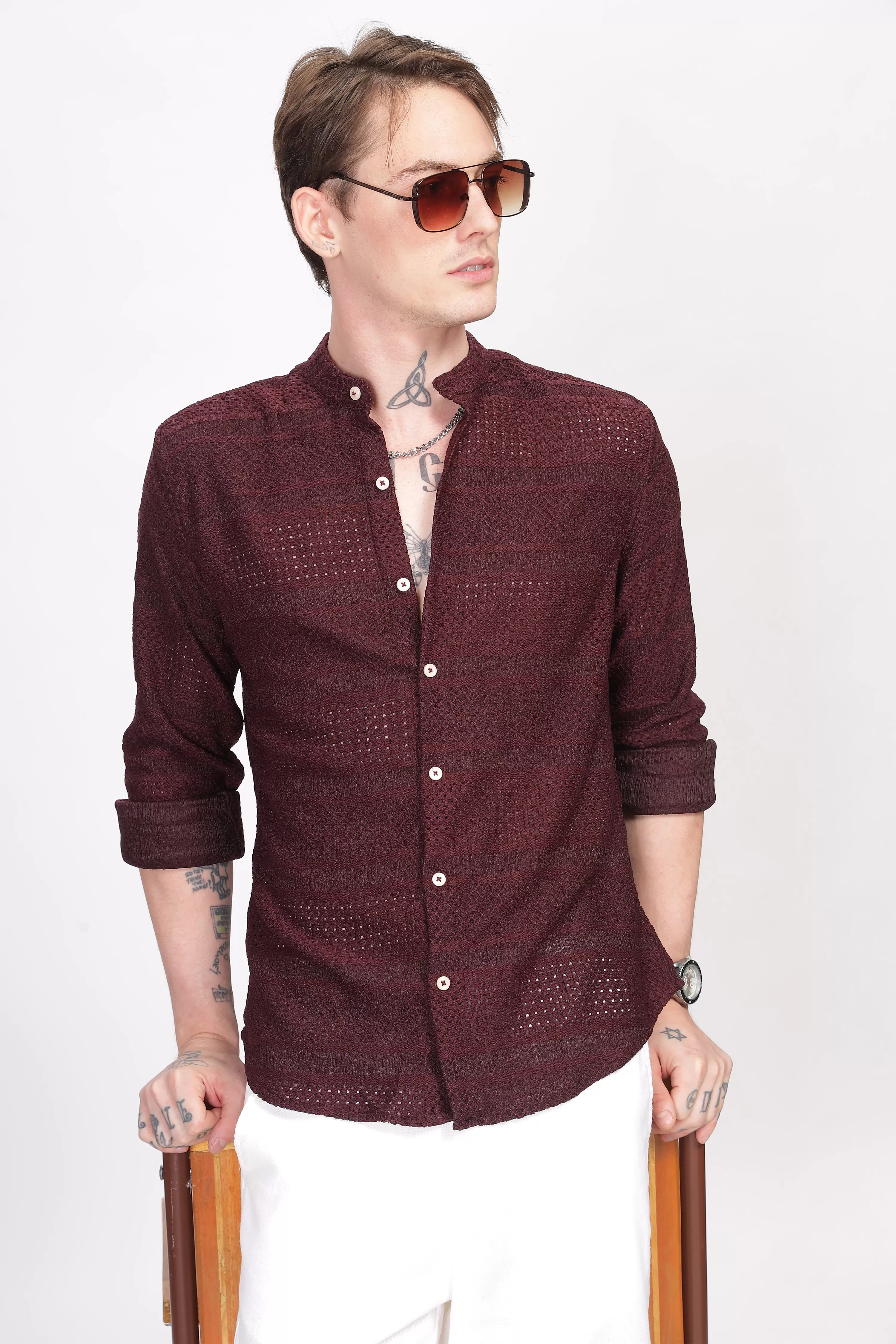 Mandarin Collar Maroon Shirt