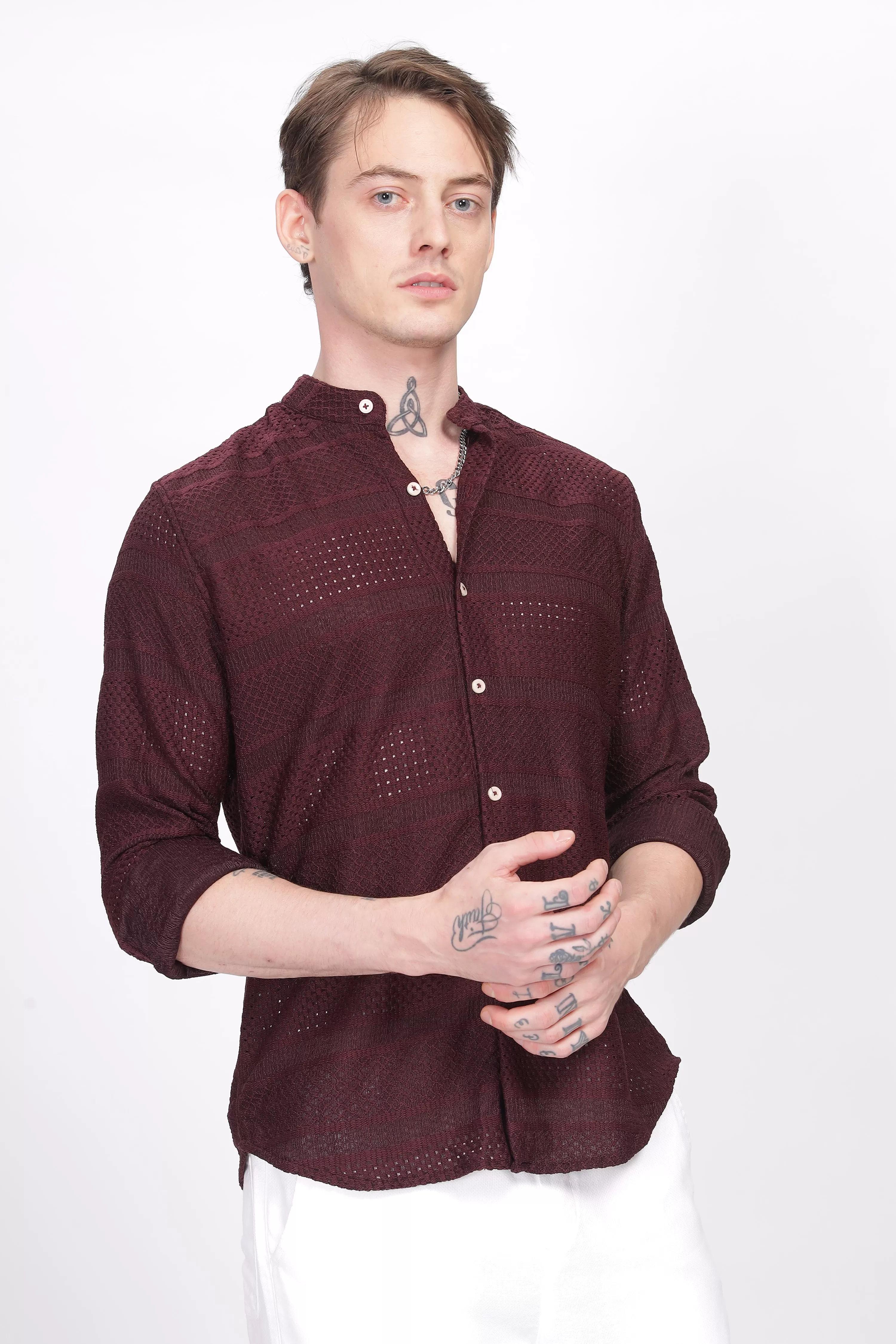 Mandarin Collar Maroon Shirt