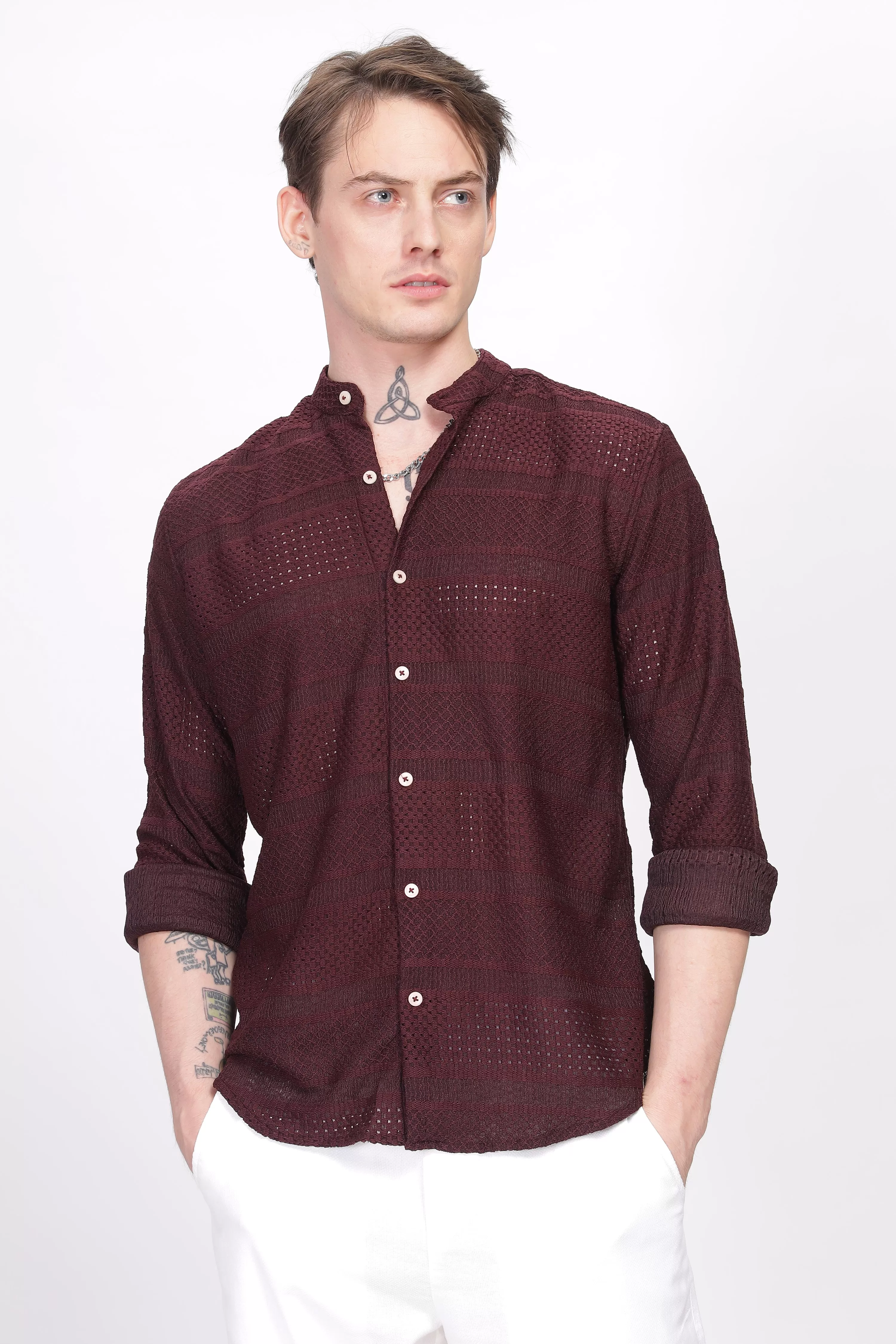 Mandarin Collar Maroon Shirt