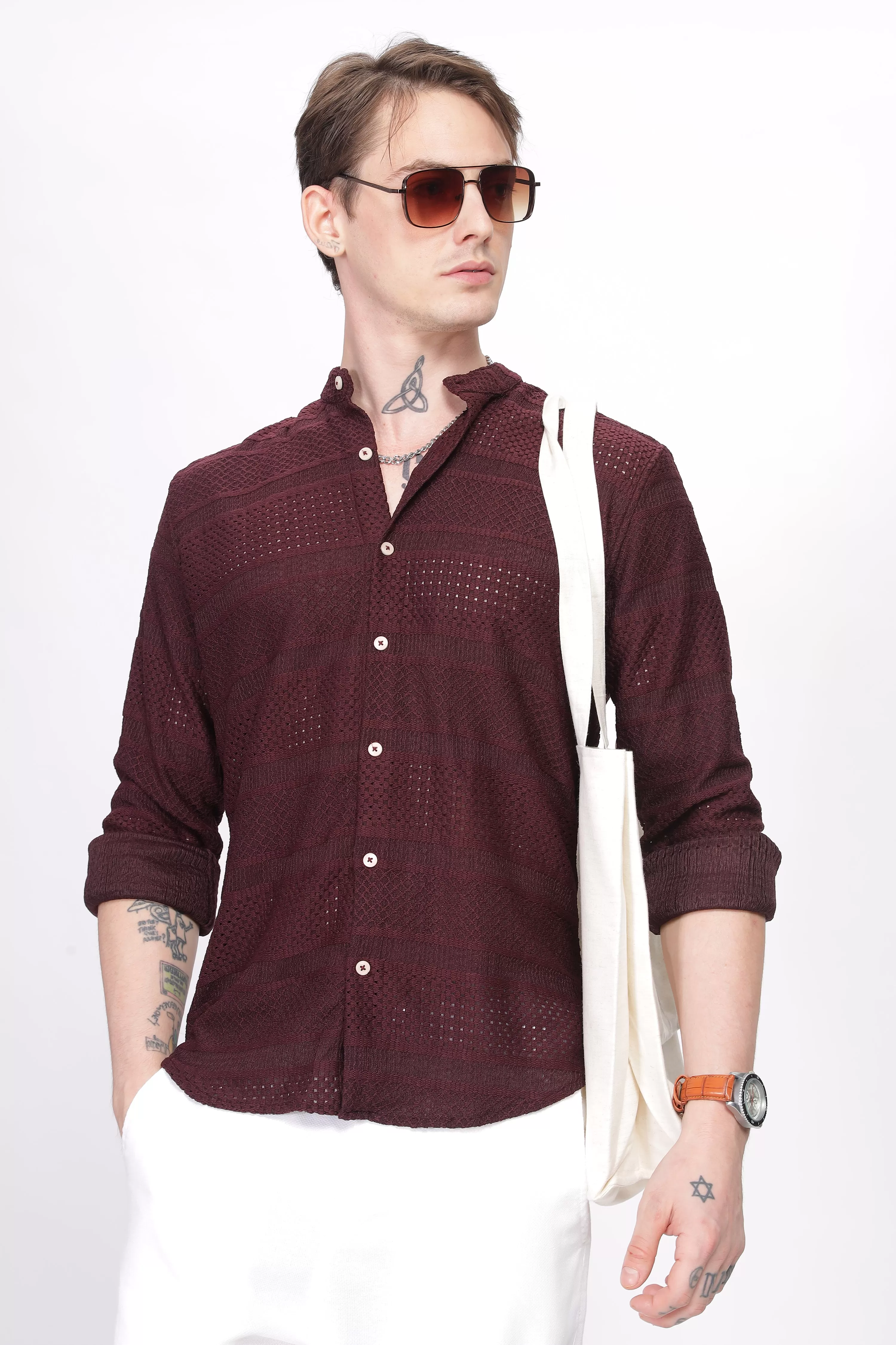 Mandarin Collar Maroon Shirt