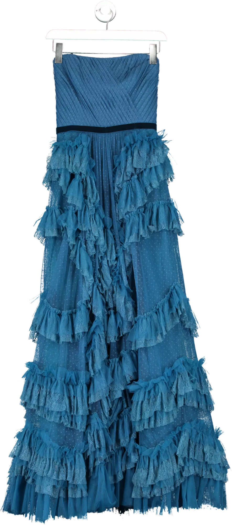 Marchesa Notte Blue Ruffled Strapless Gown UK 6