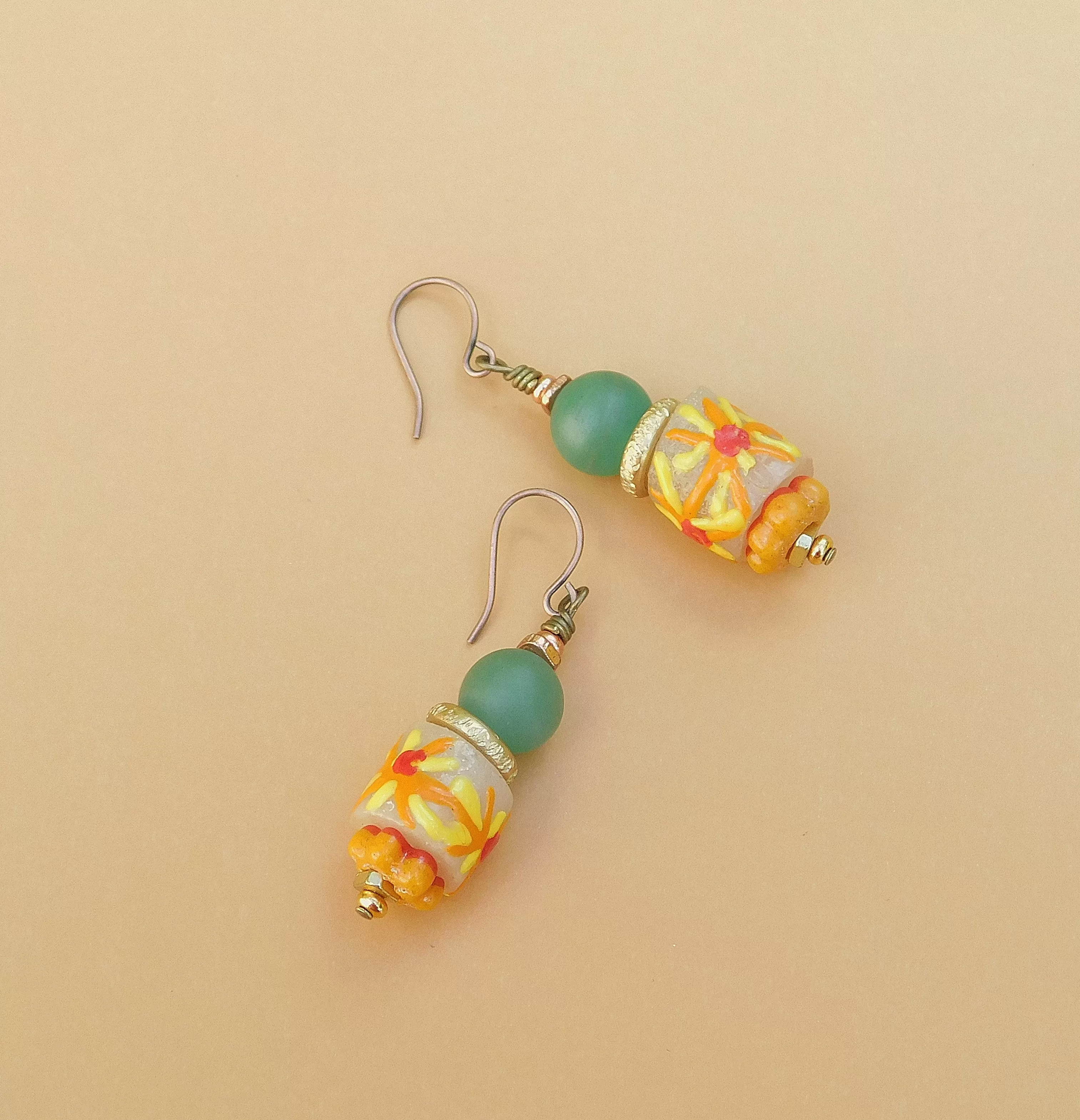 Matte Agate and Sunflower Summery Krobo Earrings