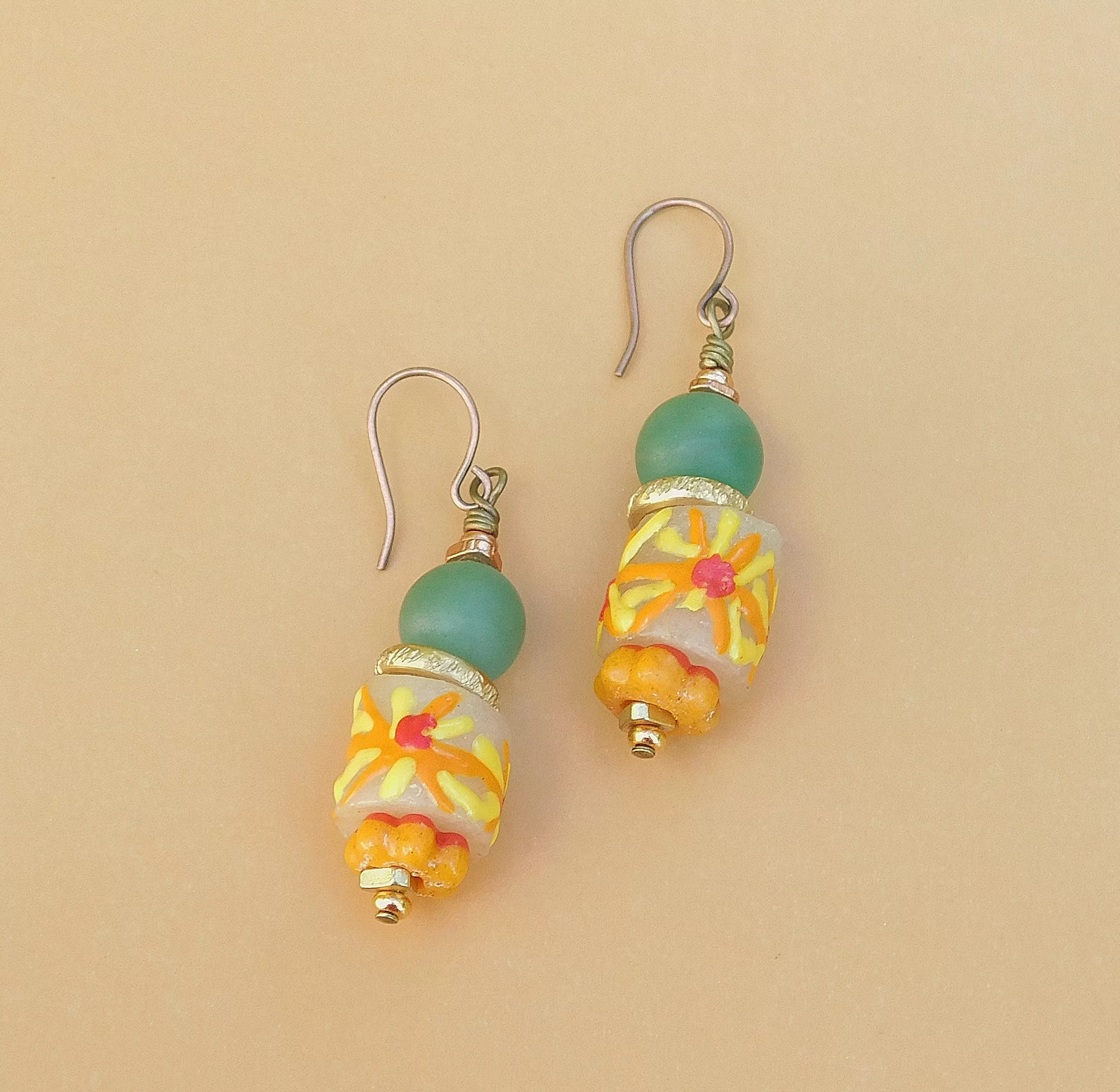 Matte Agate and Sunflower Summery Krobo Earrings