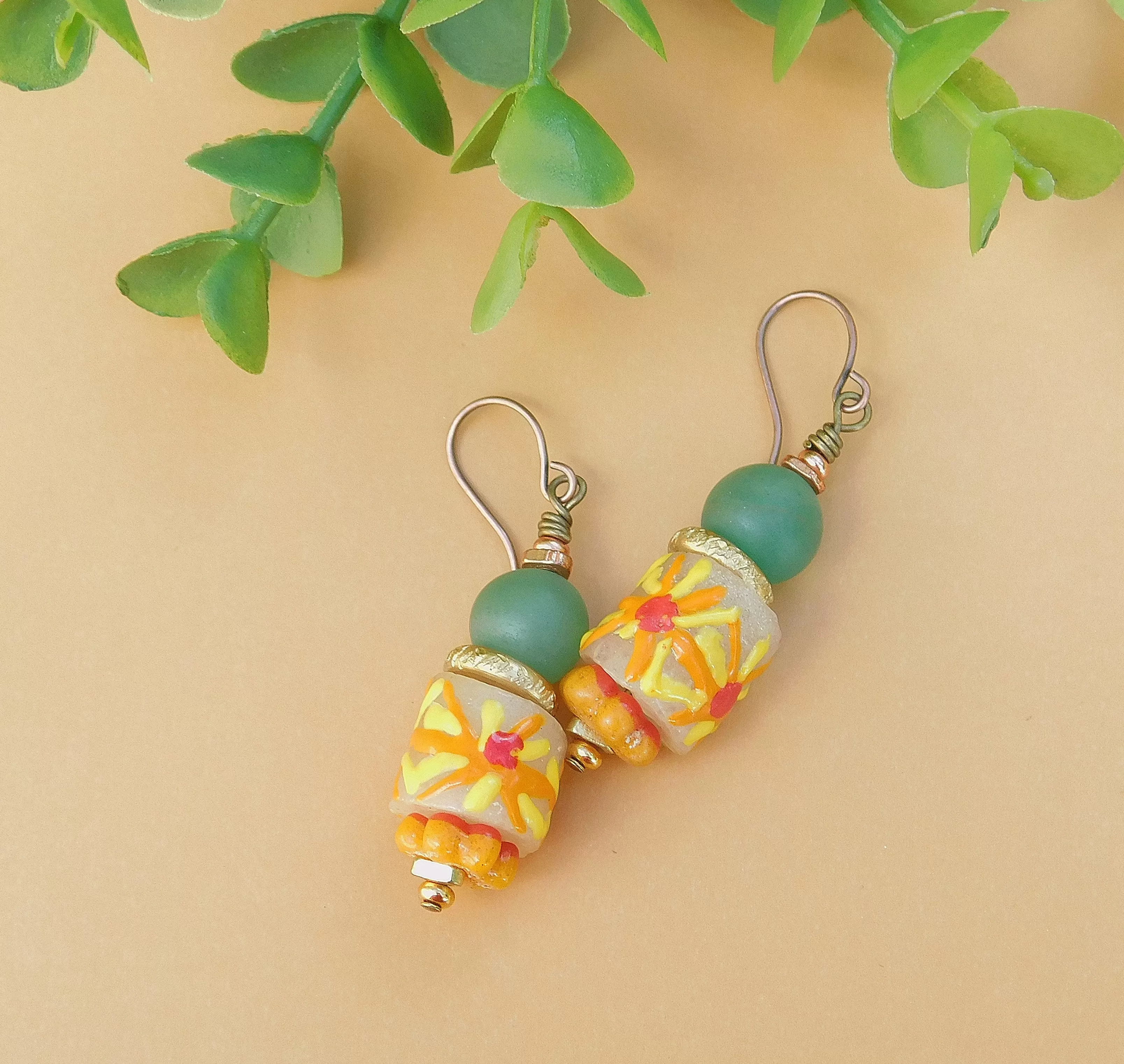 Matte Agate and Sunflower Summery Krobo Earrings