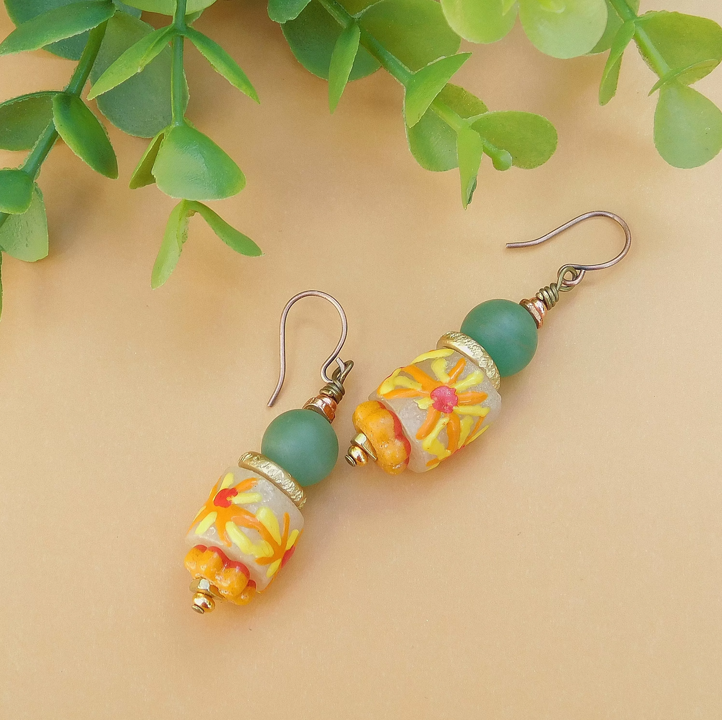 Matte Agate and Sunflower Summery Krobo Earrings