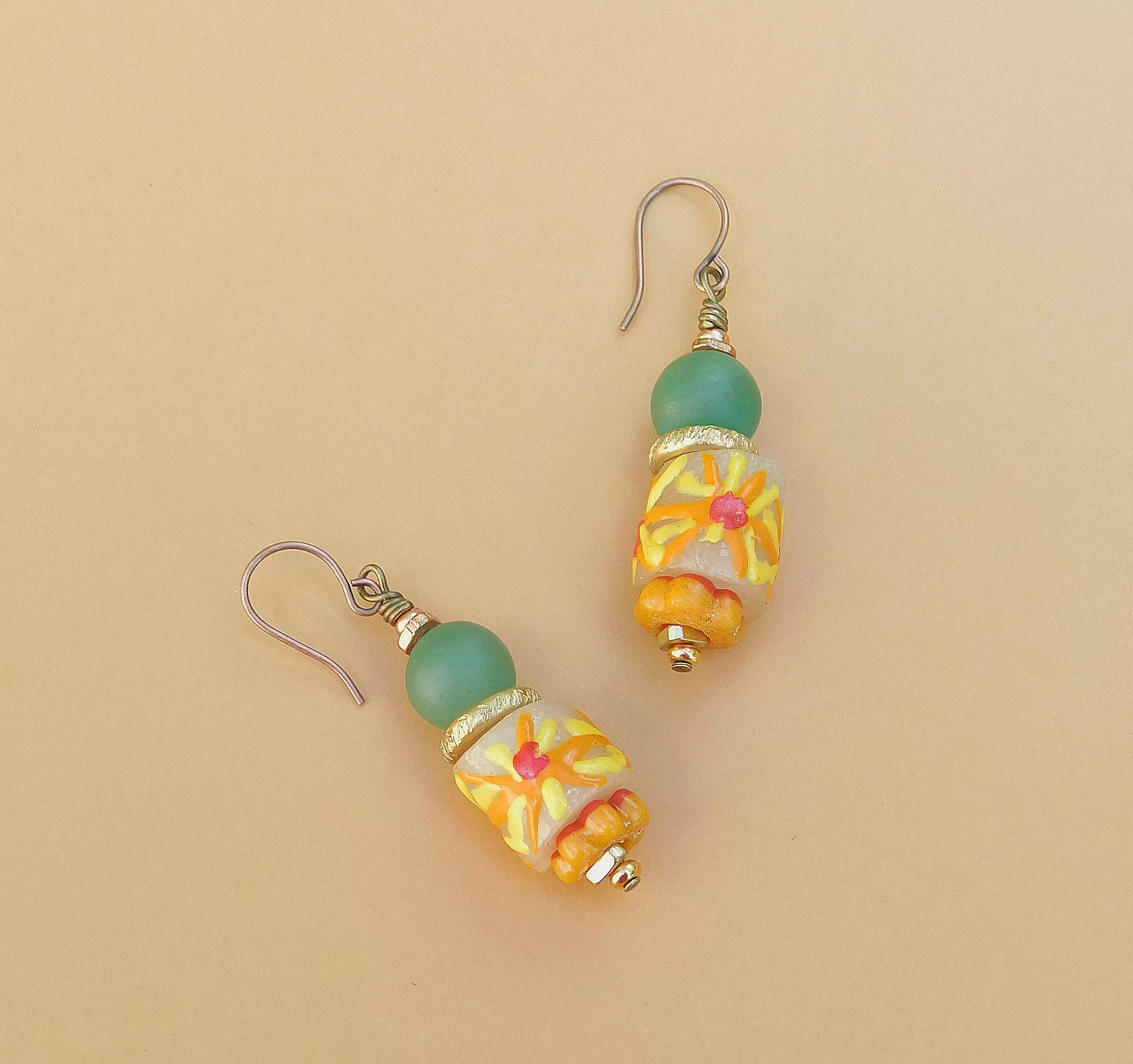 Matte Agate and Sunflower Summery Krobo Earrings