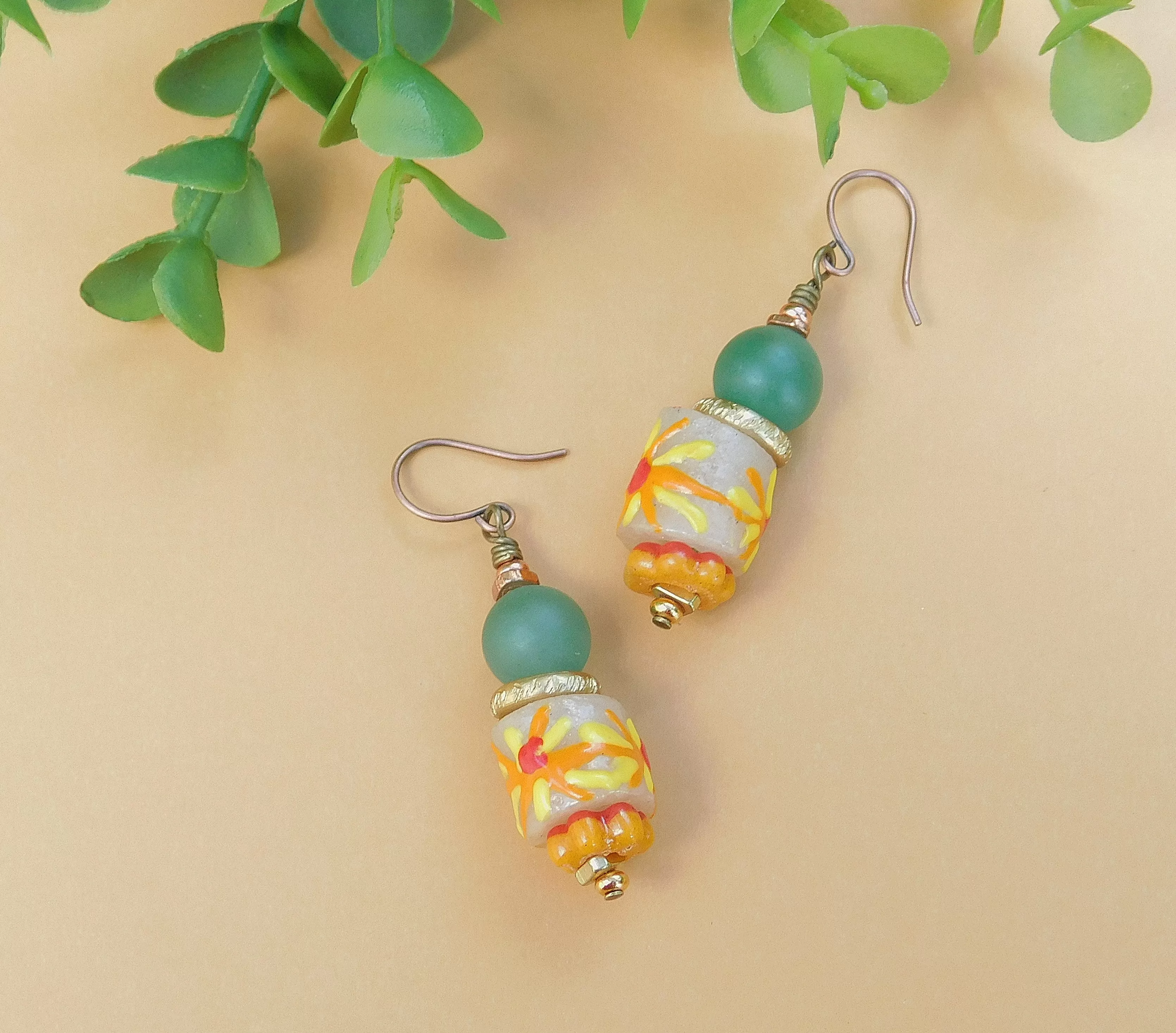 Matte Agate and Sunflower Summery Krobo Earrings