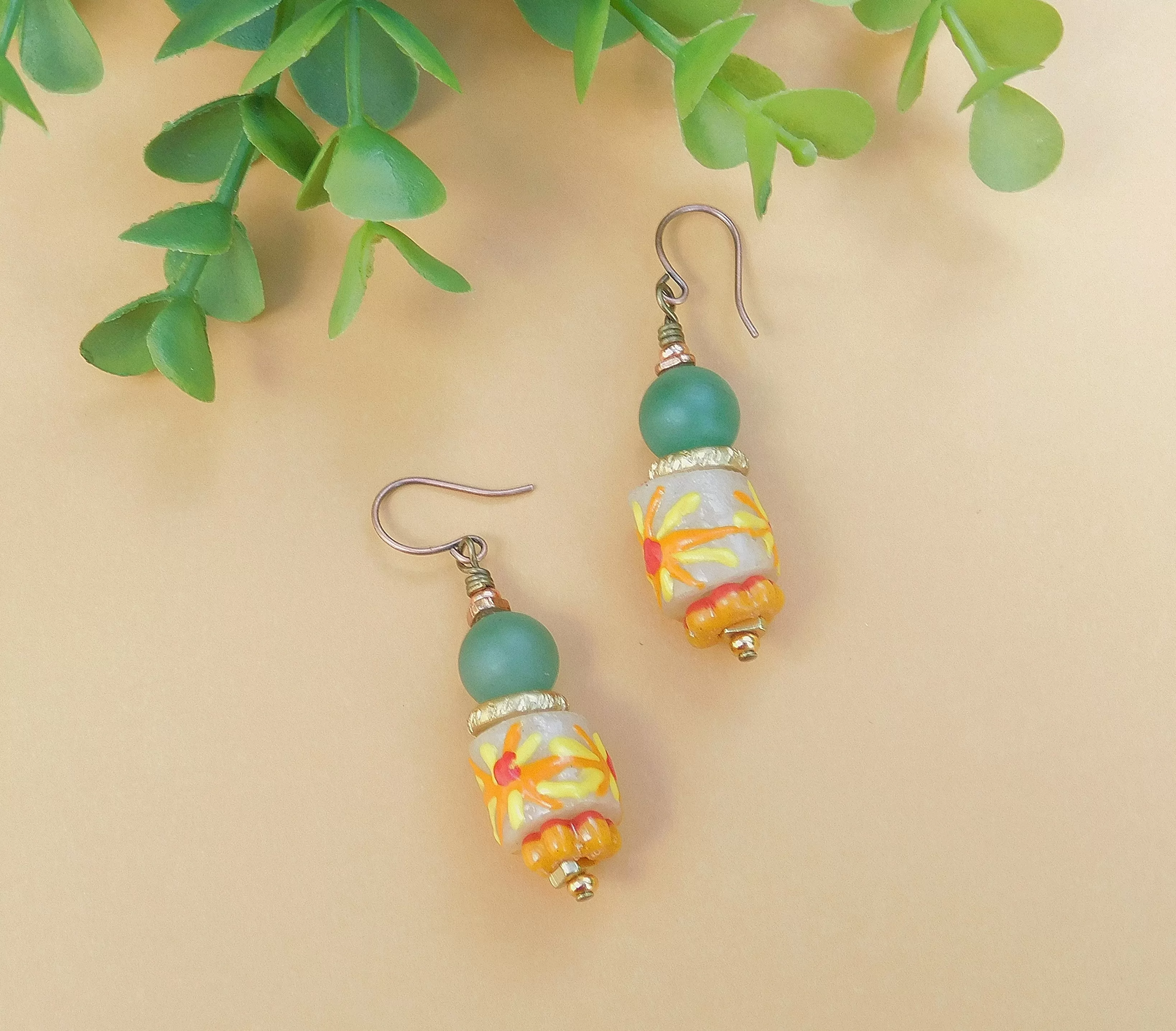 Matte Agate and Sunflower Summery Krobo Earrings