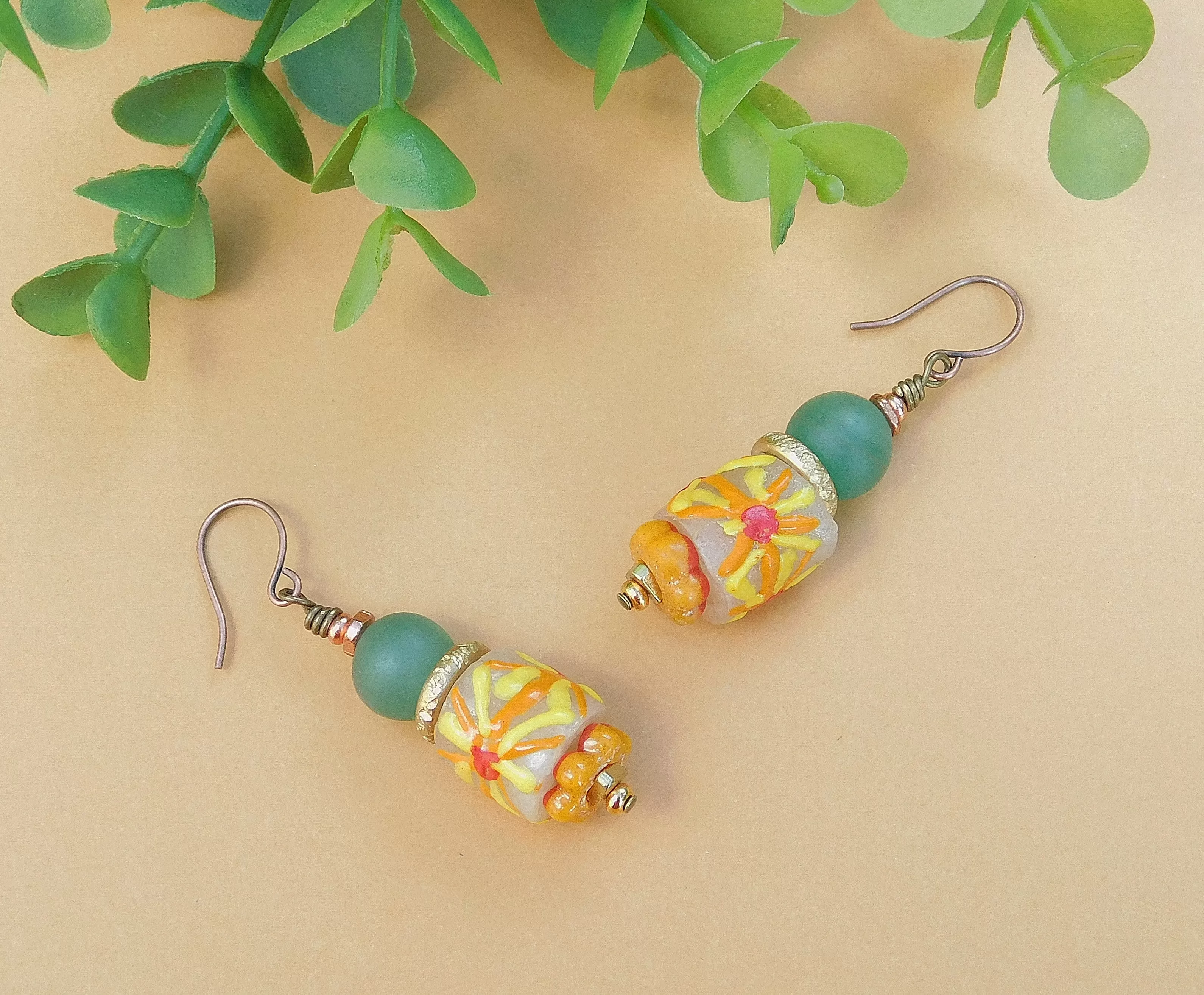 Matte Agate and Sunflower Summery Krobo Earrings