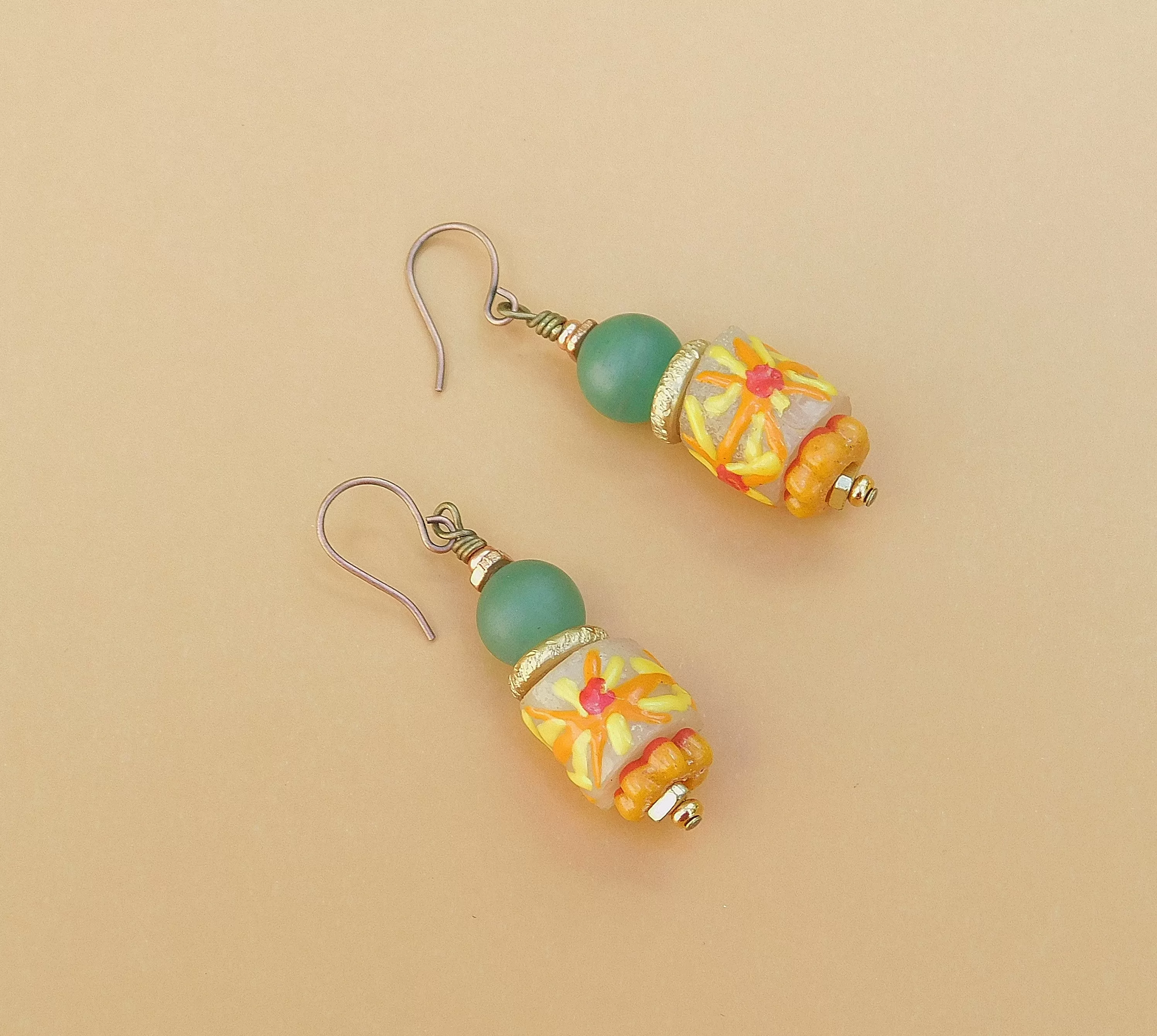 Matte Agate and Sunflower Summery Krobo Earrings