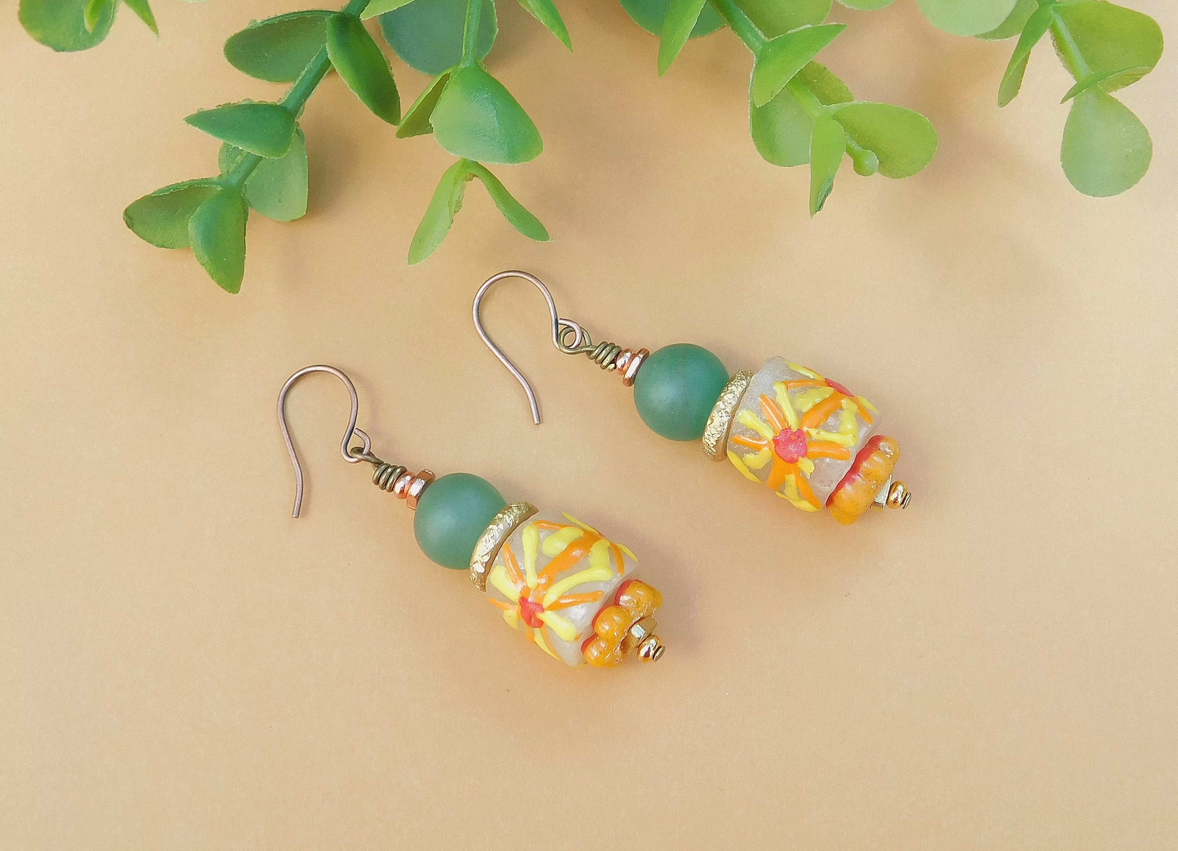 Matte Agate and Sunflower Summery Krobo Earrings