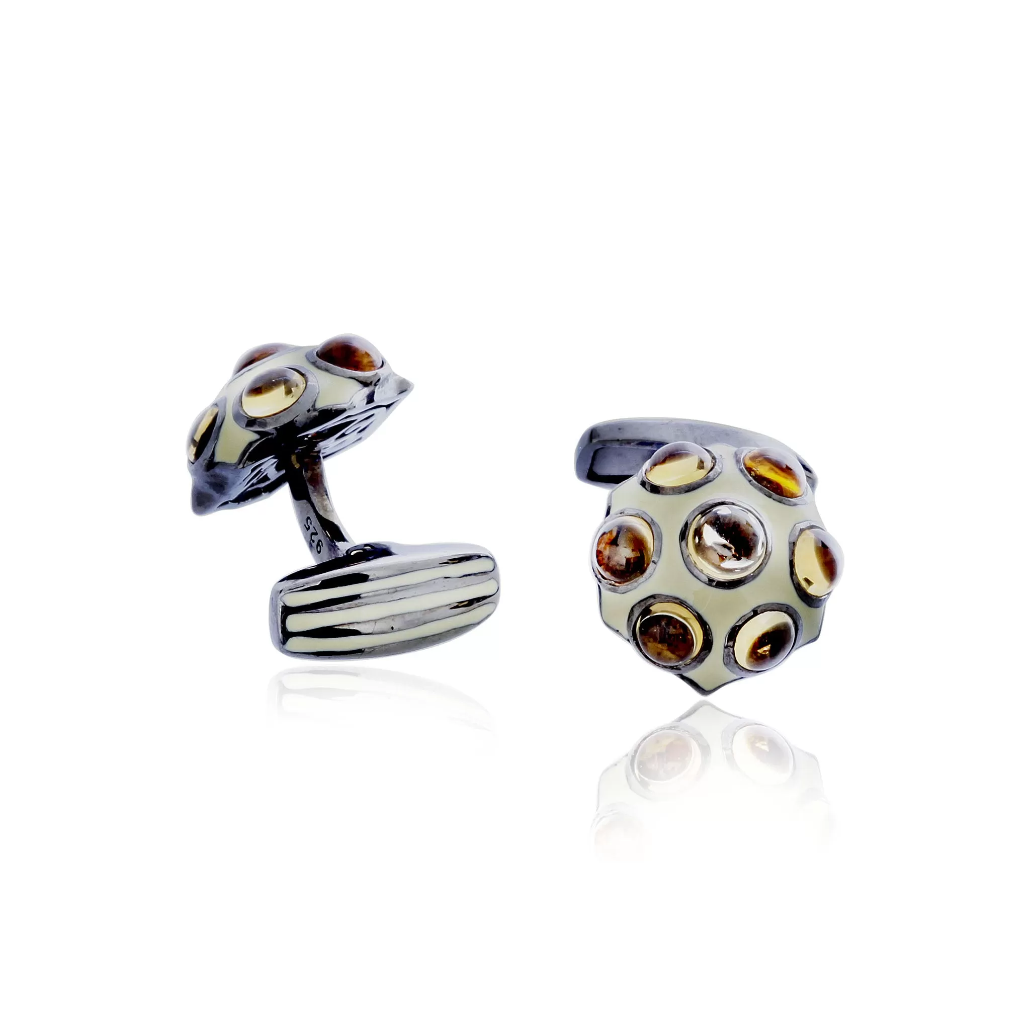 MCL Design Pave Button Cufflinks with Pale Beige Enamel & Citrine