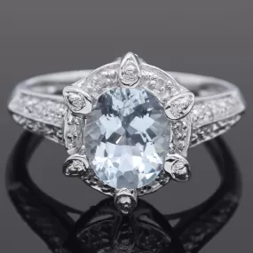 Meda Estate 14K White Gold 1.33 Ct Aquamarine & Diamond Band Ring Size 6