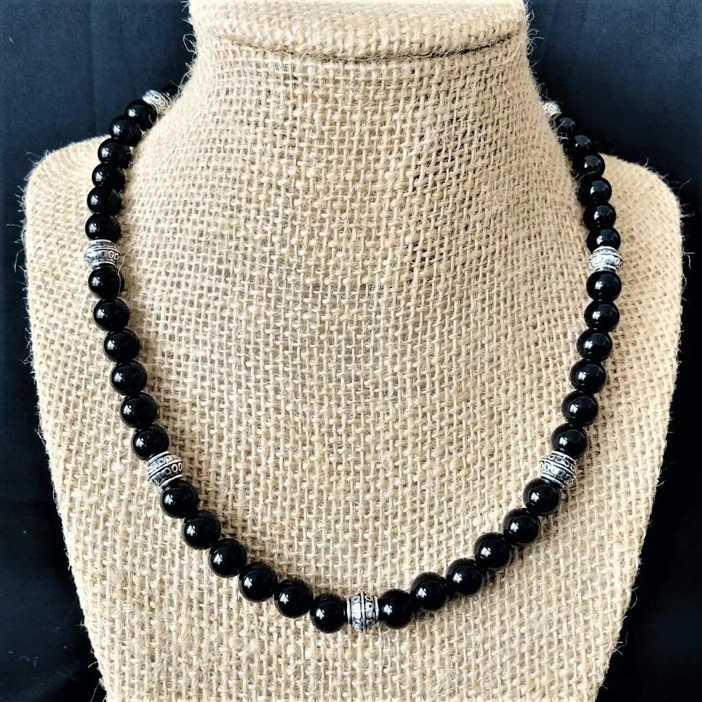 Mens Black Onyx and Silver Barrel Beaded Necklace