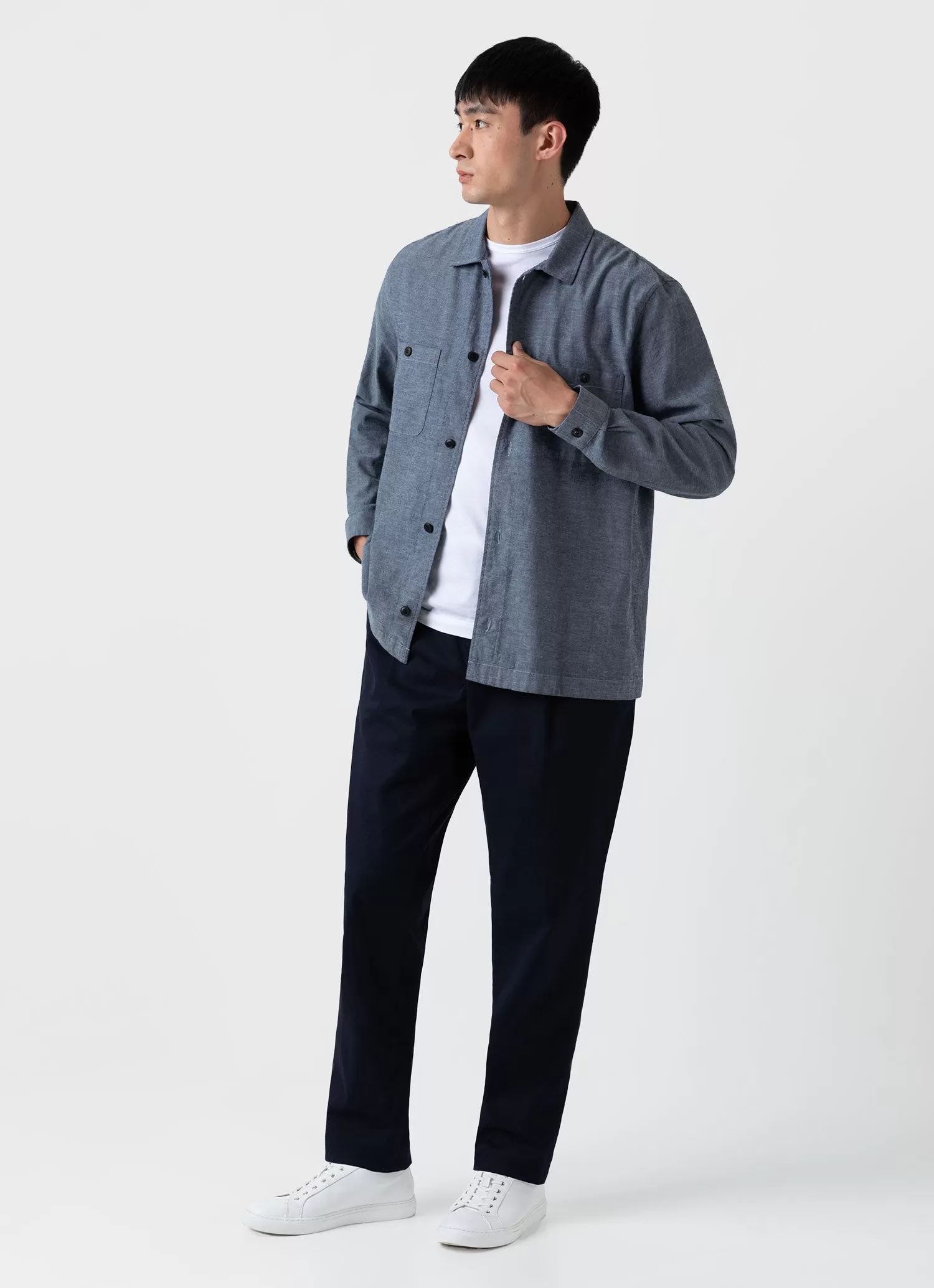 Men's Japanese Chambray Overshirt in Mid Blue Chambray