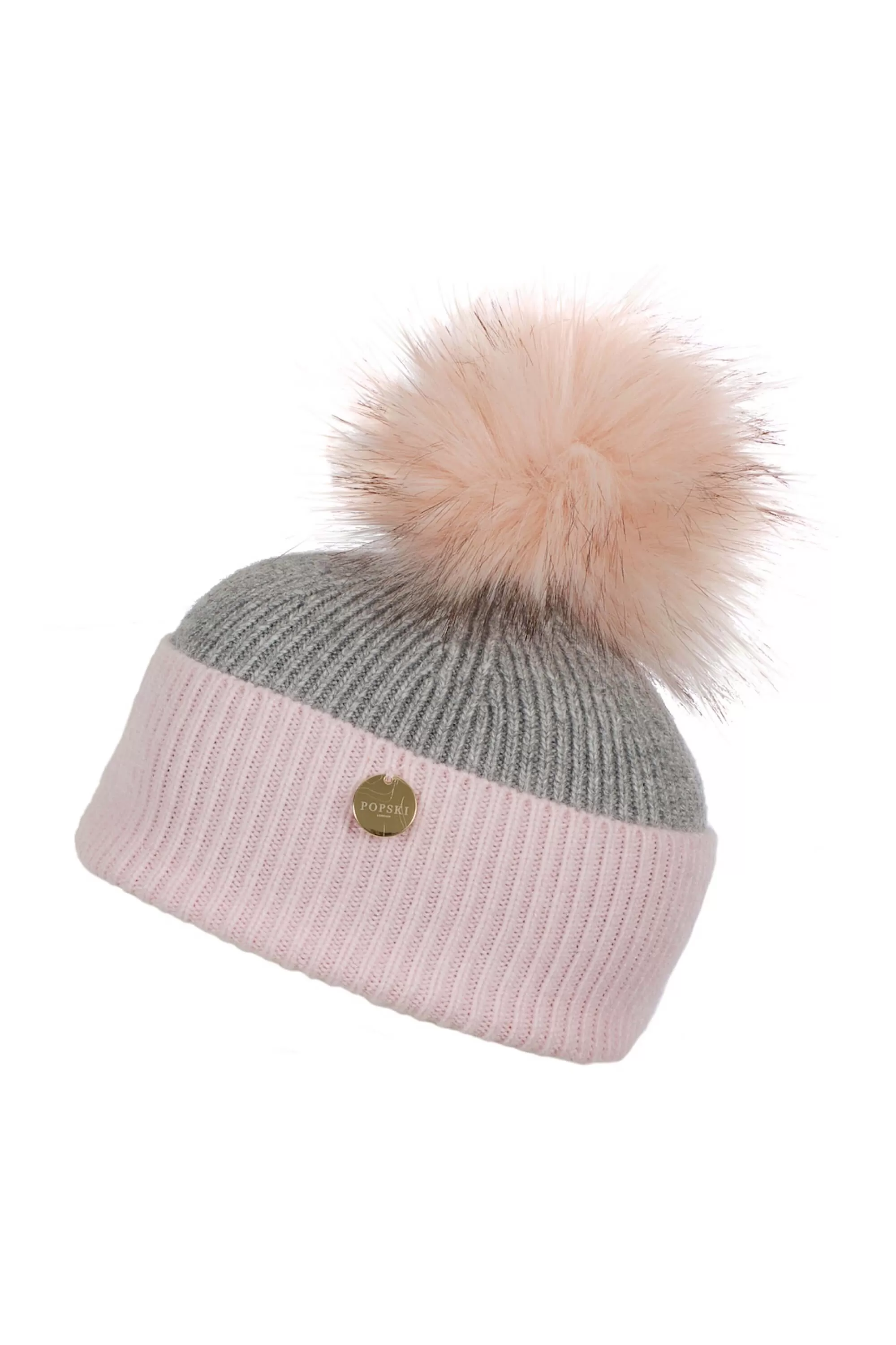 Mini Angora Baby Pink and Whisper Grey Pom Hat