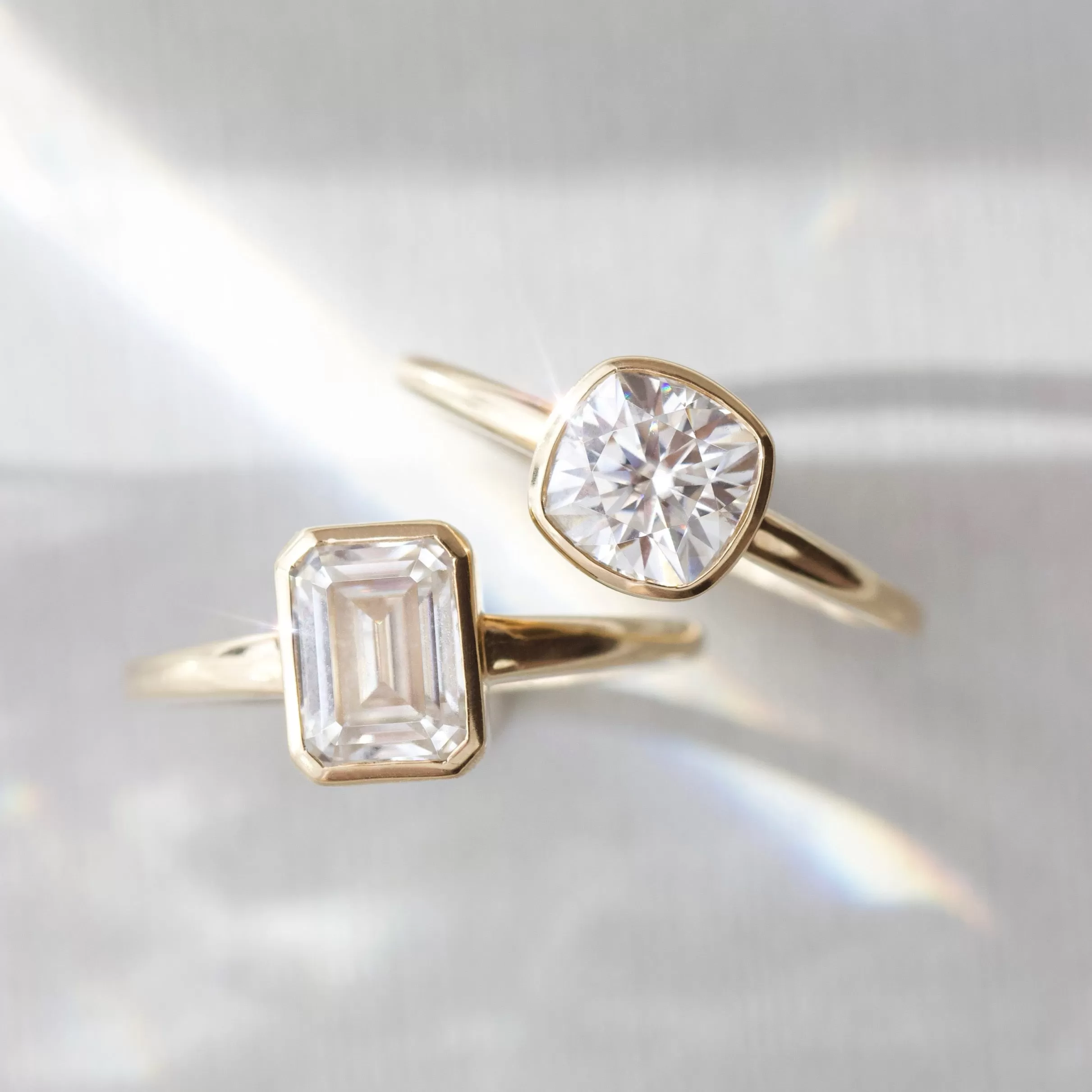 Moissanite Octagon Emerald Cut Bezel Set Ring