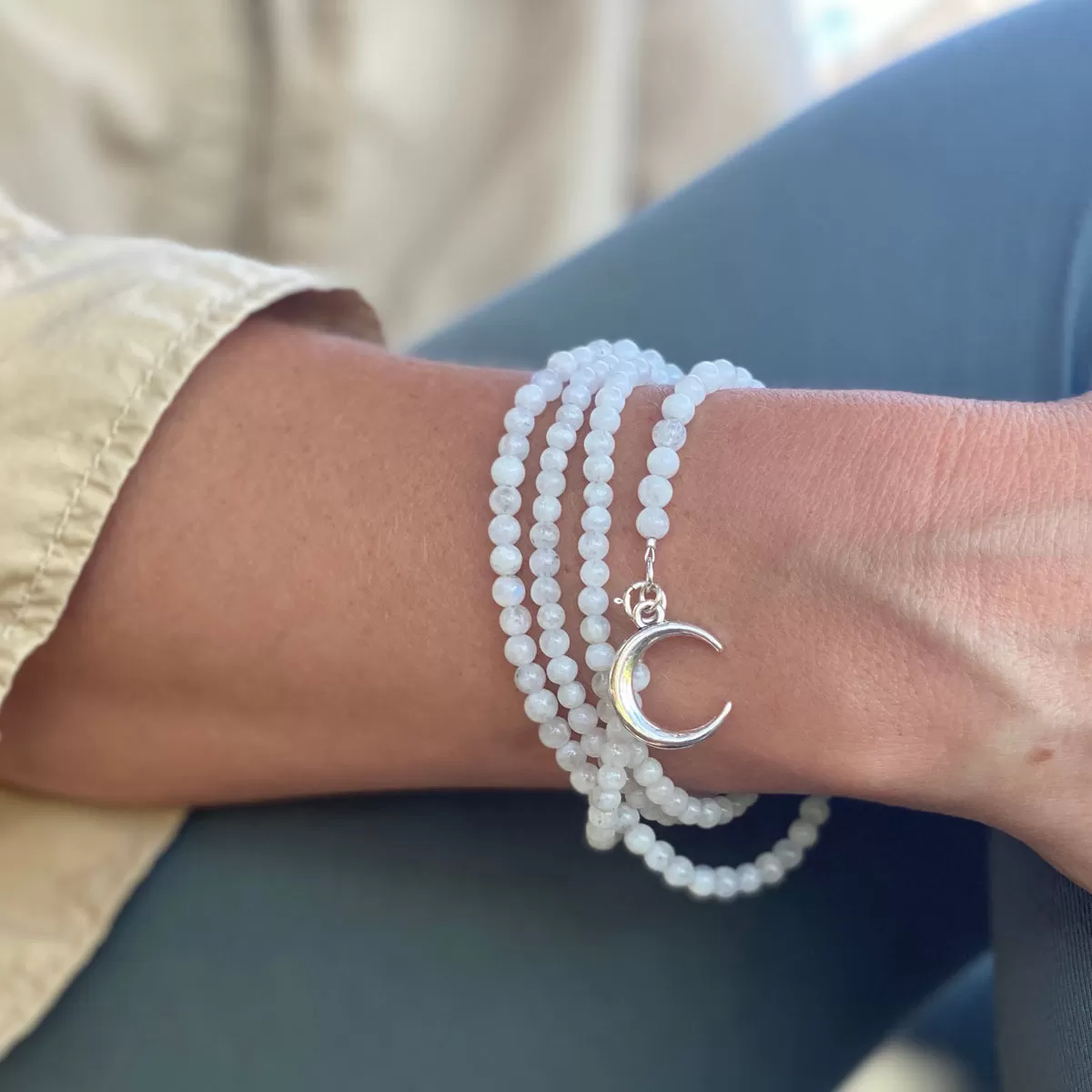 Moonstone Wrap Bracelet with a Crescent Moon Charm - Lunar Energy for Healing