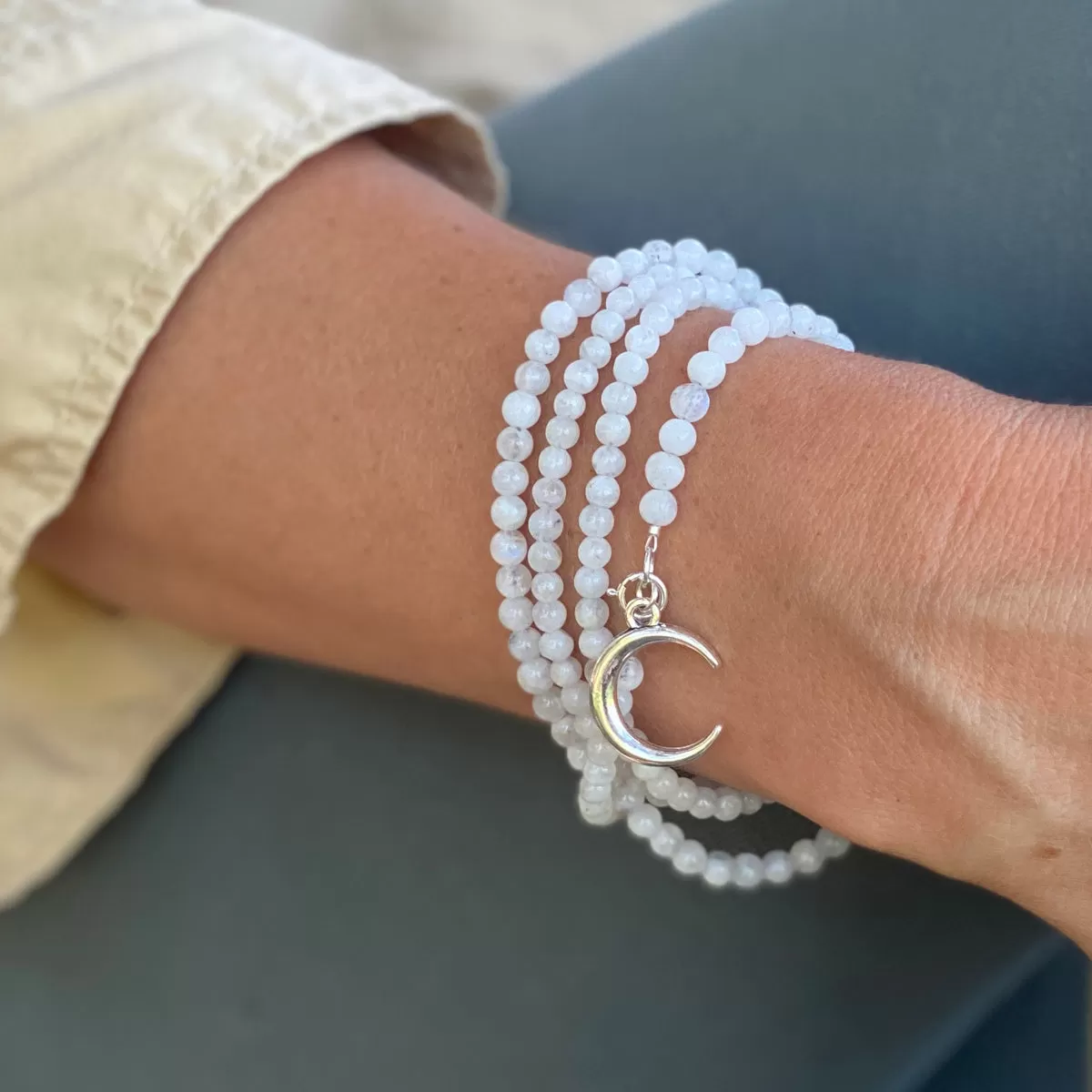 Moonstone Wrap Bracelet with a Crescent Moon Charm - Lunar Energy for Healing