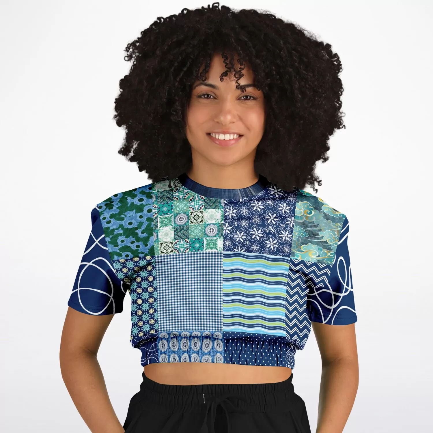 Mykonos Patchwork Print Short Sleeve Cropped Eco-Poly Sweater