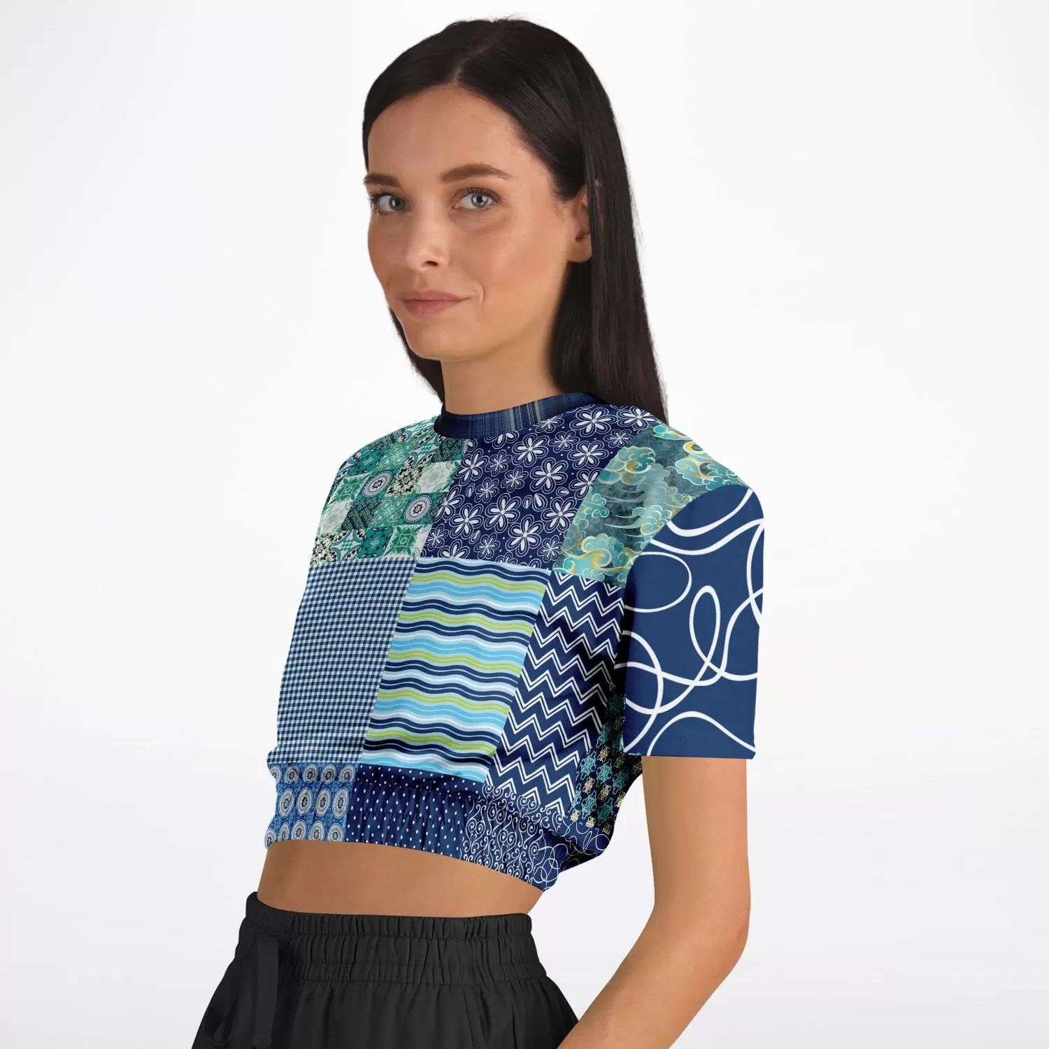 Mykonos Patchwork Print Short Sleeve Cropped Eco-Poly Sweater