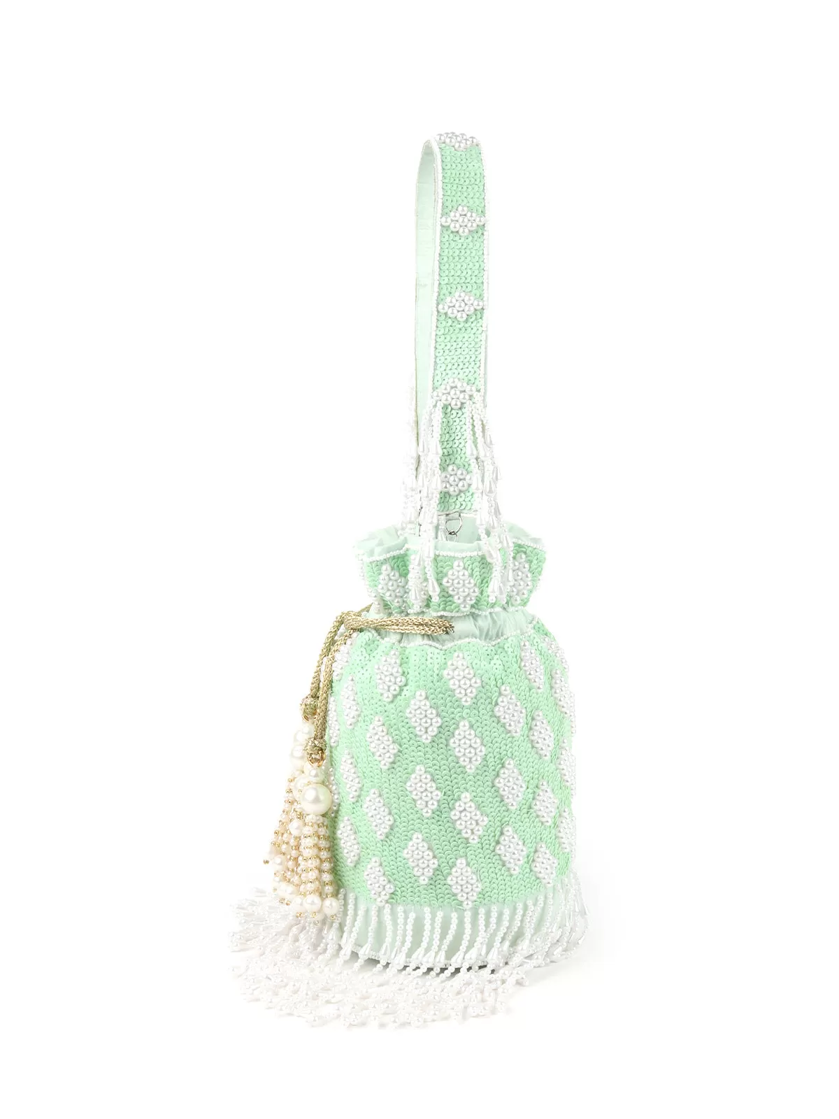 Odette Light Green Embroidered Potli Bag For Women