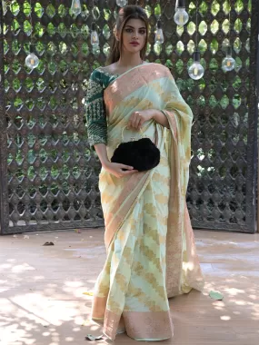 Odette Light Green Woven Soft Silk Saree with Unstitched Blouse for Women