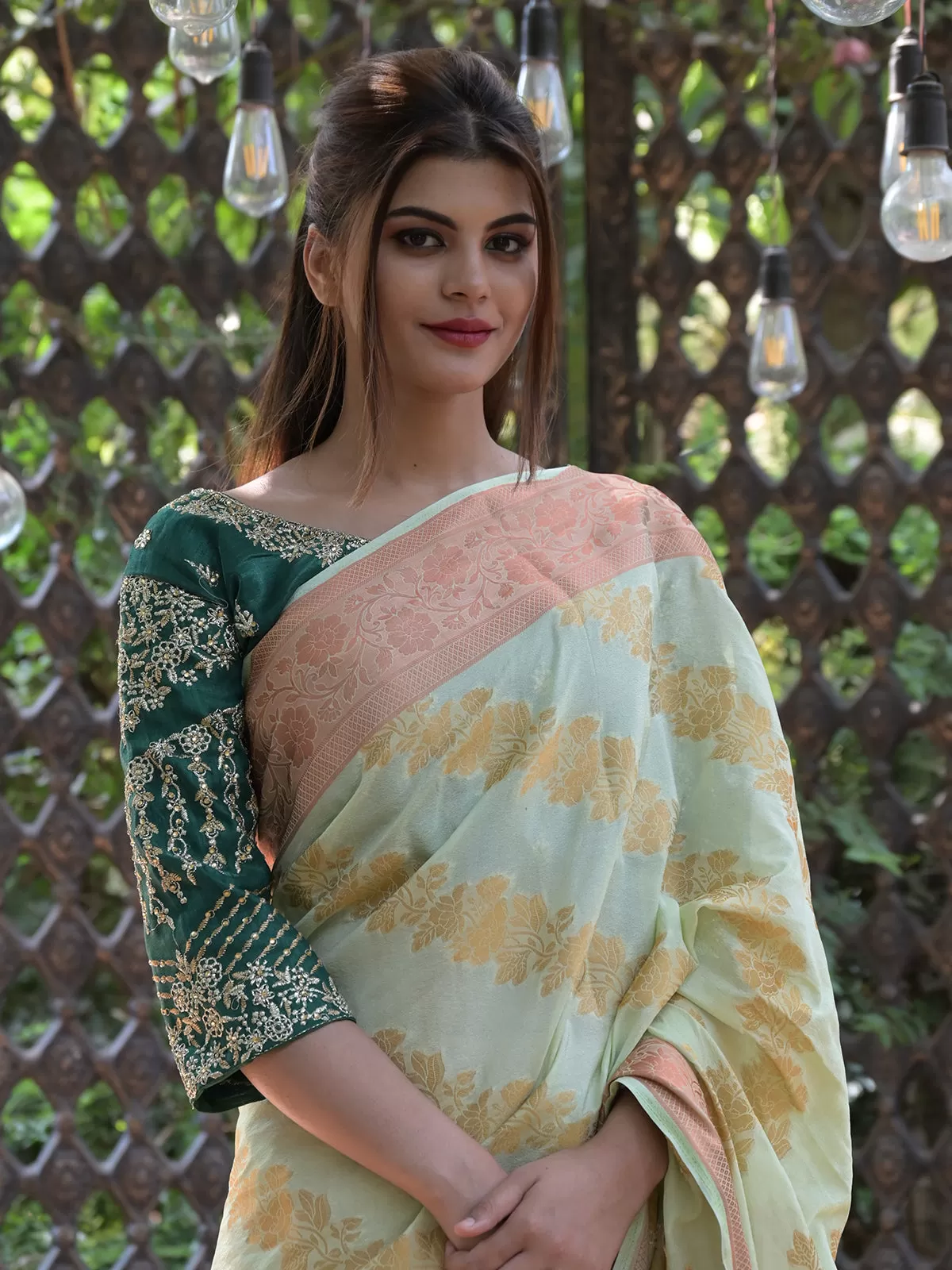 Odette Light Green Woven Soft Silk Saree with Unstitched Blouse for Women