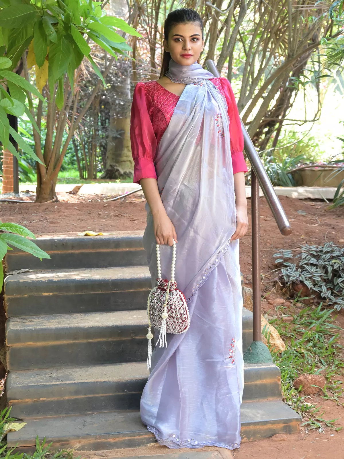 Odette Light Purple Mirror Work Embroidered Jimmy Choo Saree with Unstitched Blouse for Women