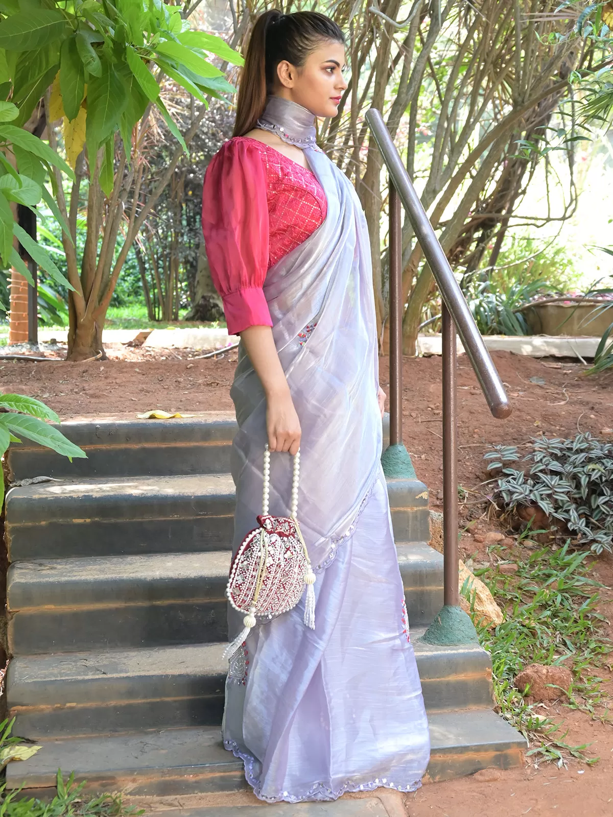 Odette Light Purple Mirror Work Embroidered Jimmy Choo Saree with Unstitched Blouse for Women