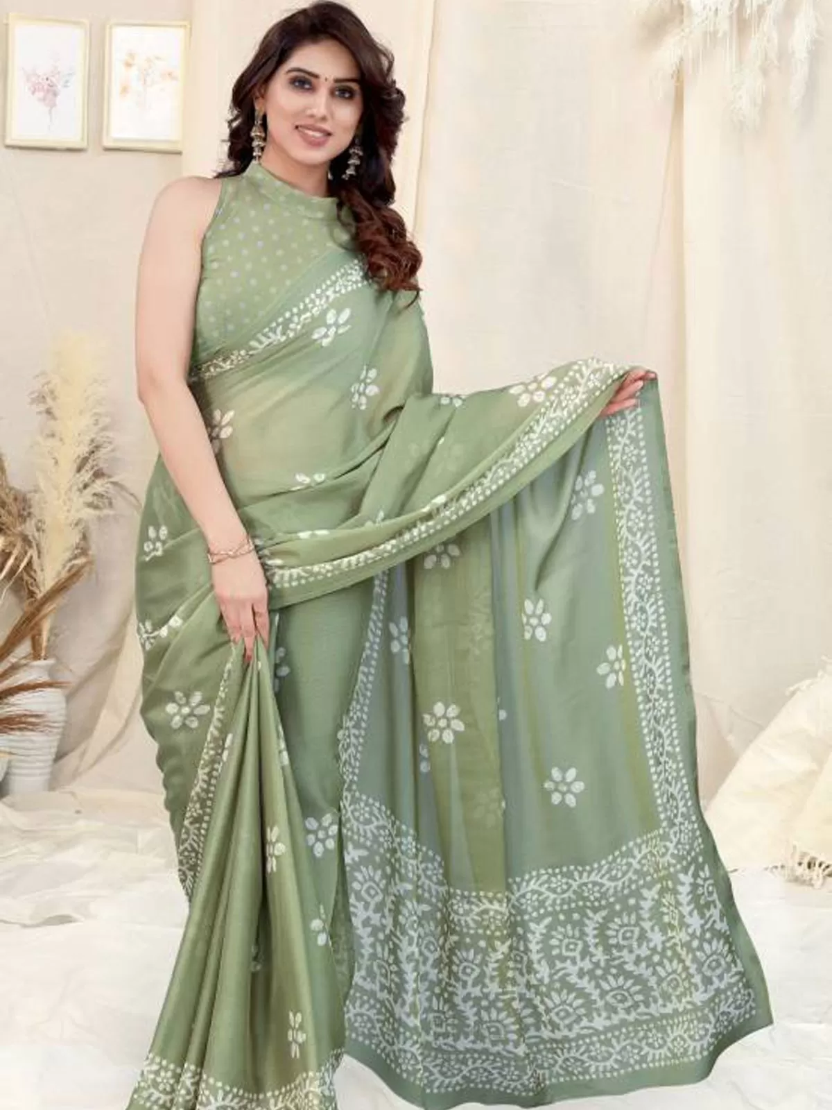 Odette Partywear Light Green Printed Chinon Chiffon Saree with Unstitched Blouse for Women