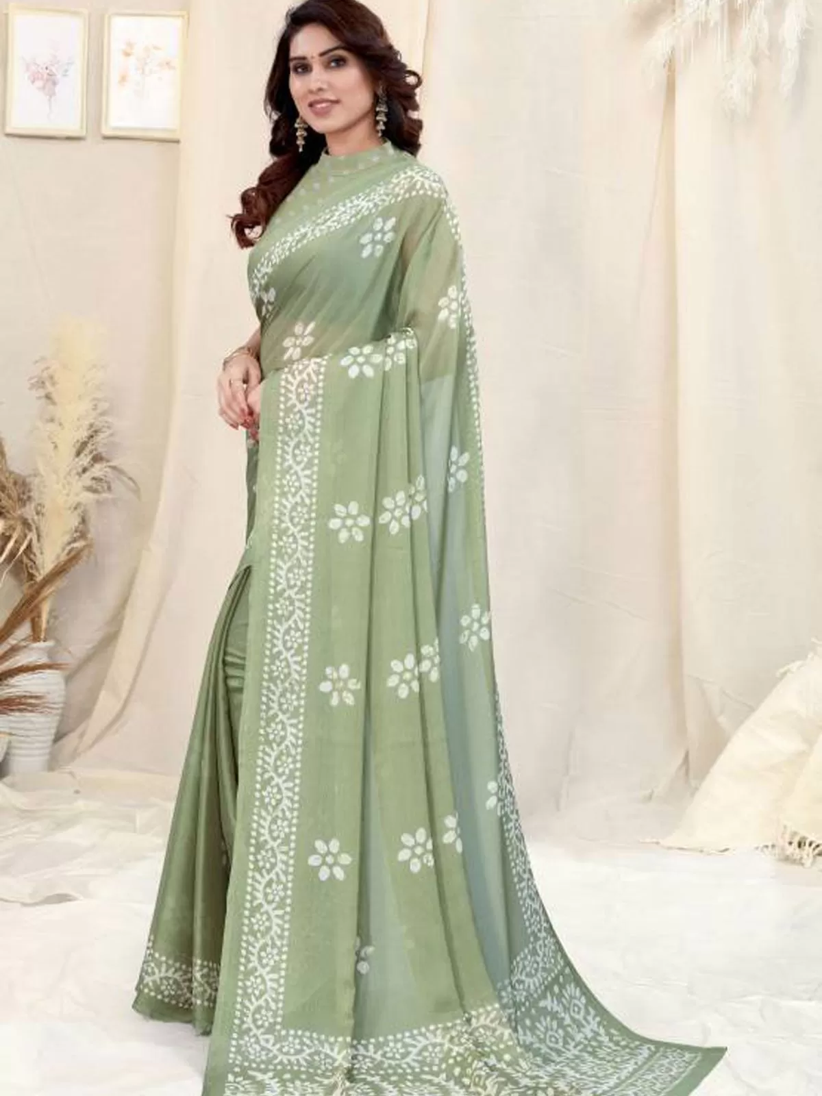 Odette Partywear Light Green Printed Chinon Chiffon Saree with Unstitched Blouse for Women