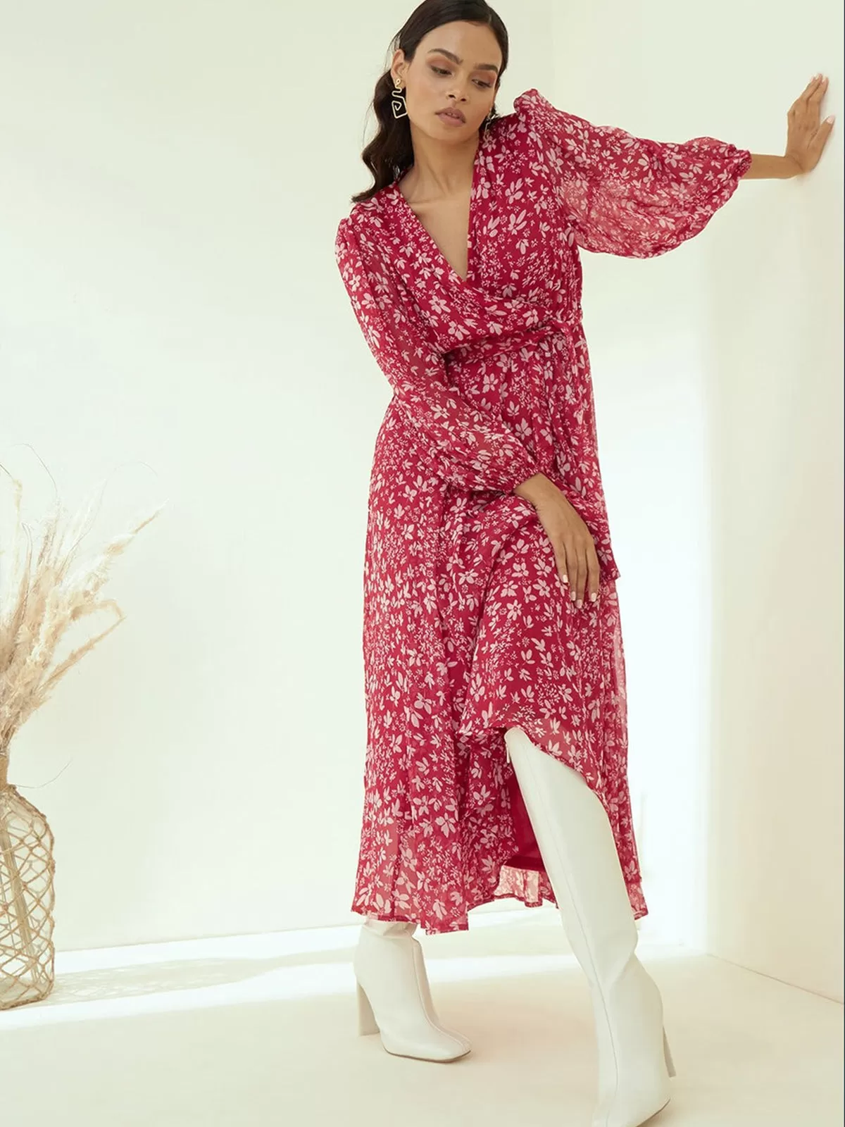 Odette Pink Rayon Stitched Printed Indo Western Dress For Women