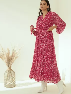 Odette Pink Rayon Stitched Printed Indo Western Dress For Women