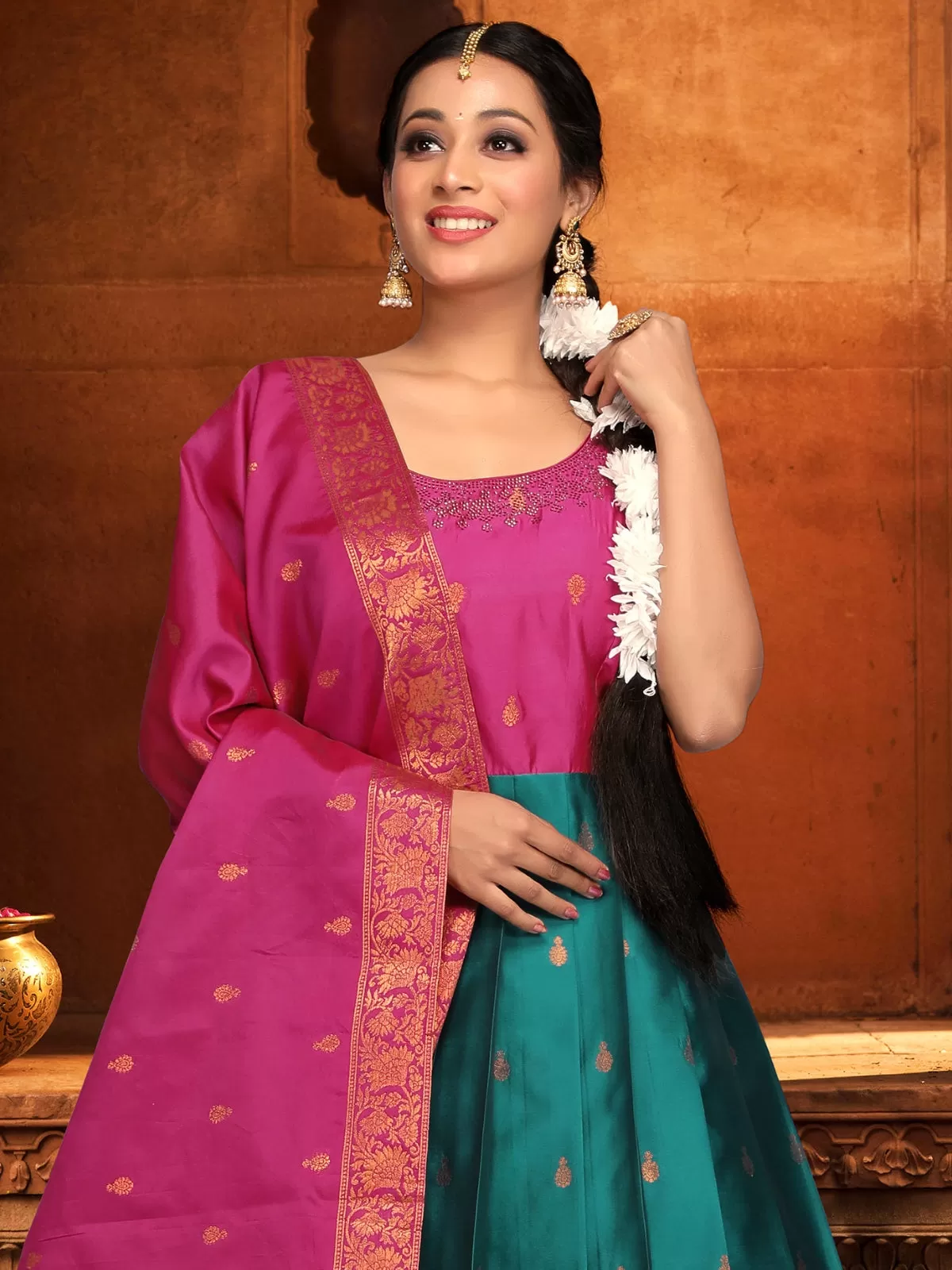 Odette Teal Banarasi  Woven Stitched Gown  for Women