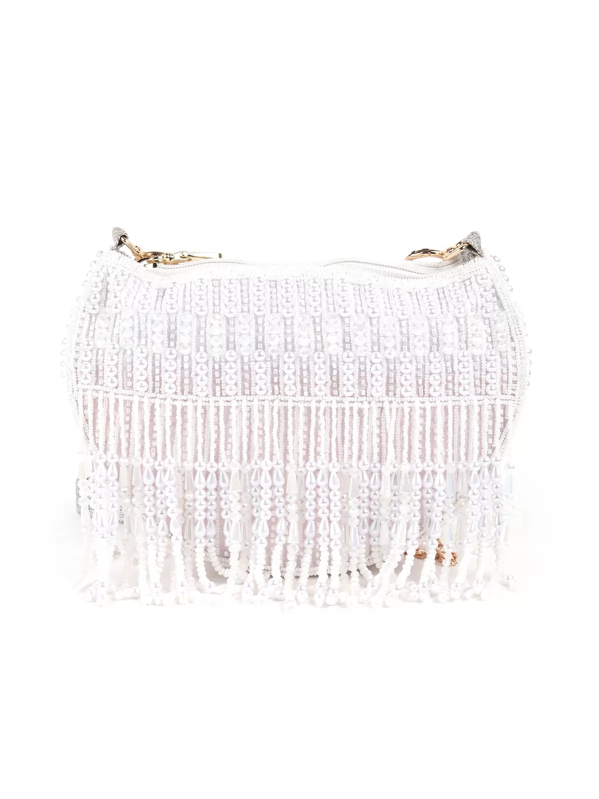 Odette White All-Pearls Tasseled Sling Bag For Women