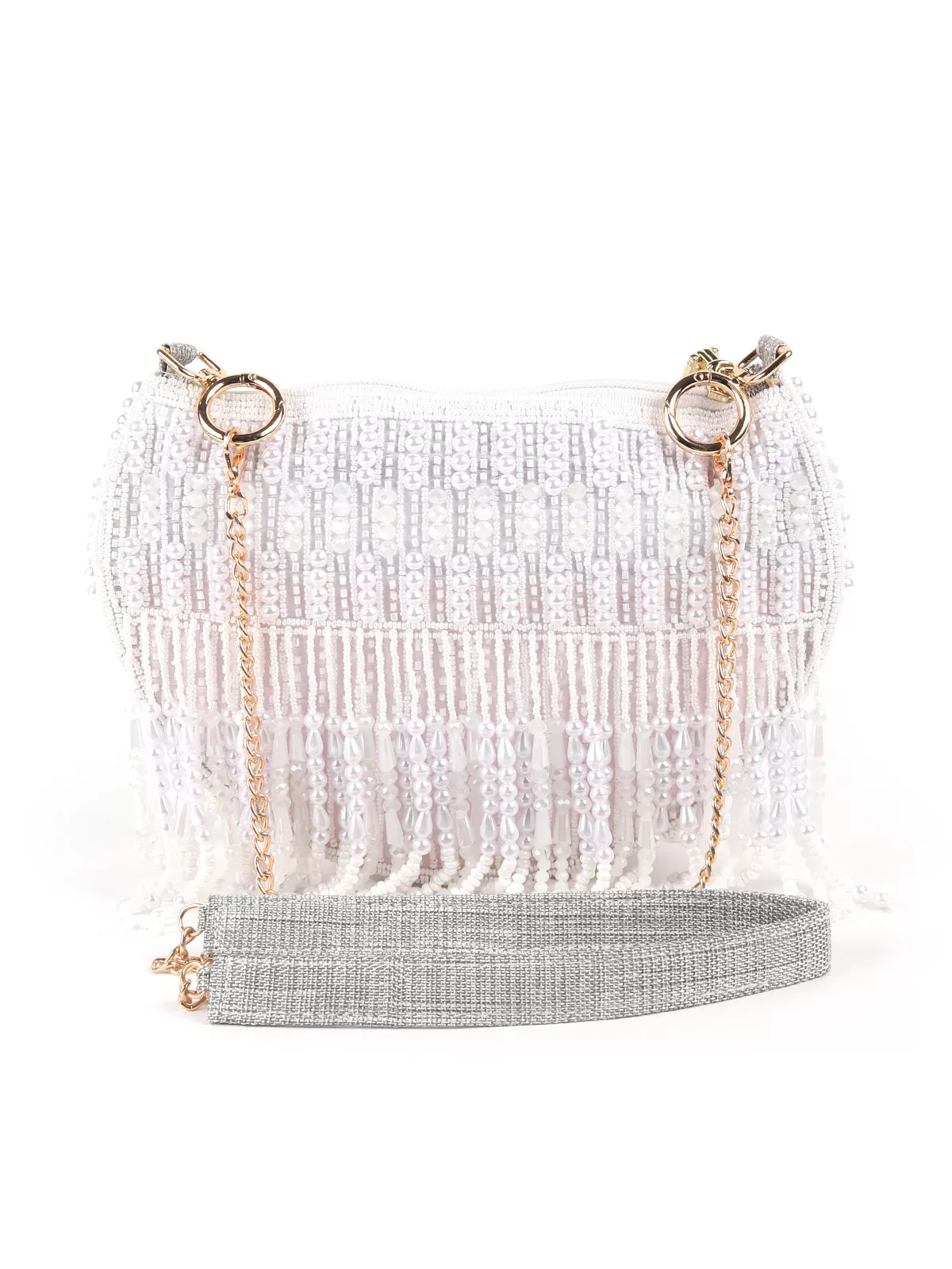 Odette White All-Pearls Tasseled Sling Bag For Women