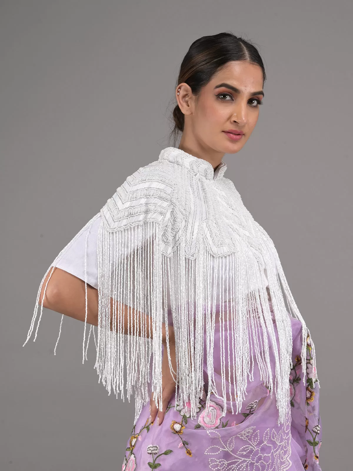 Odette White Embellished Tassels Cape for Women