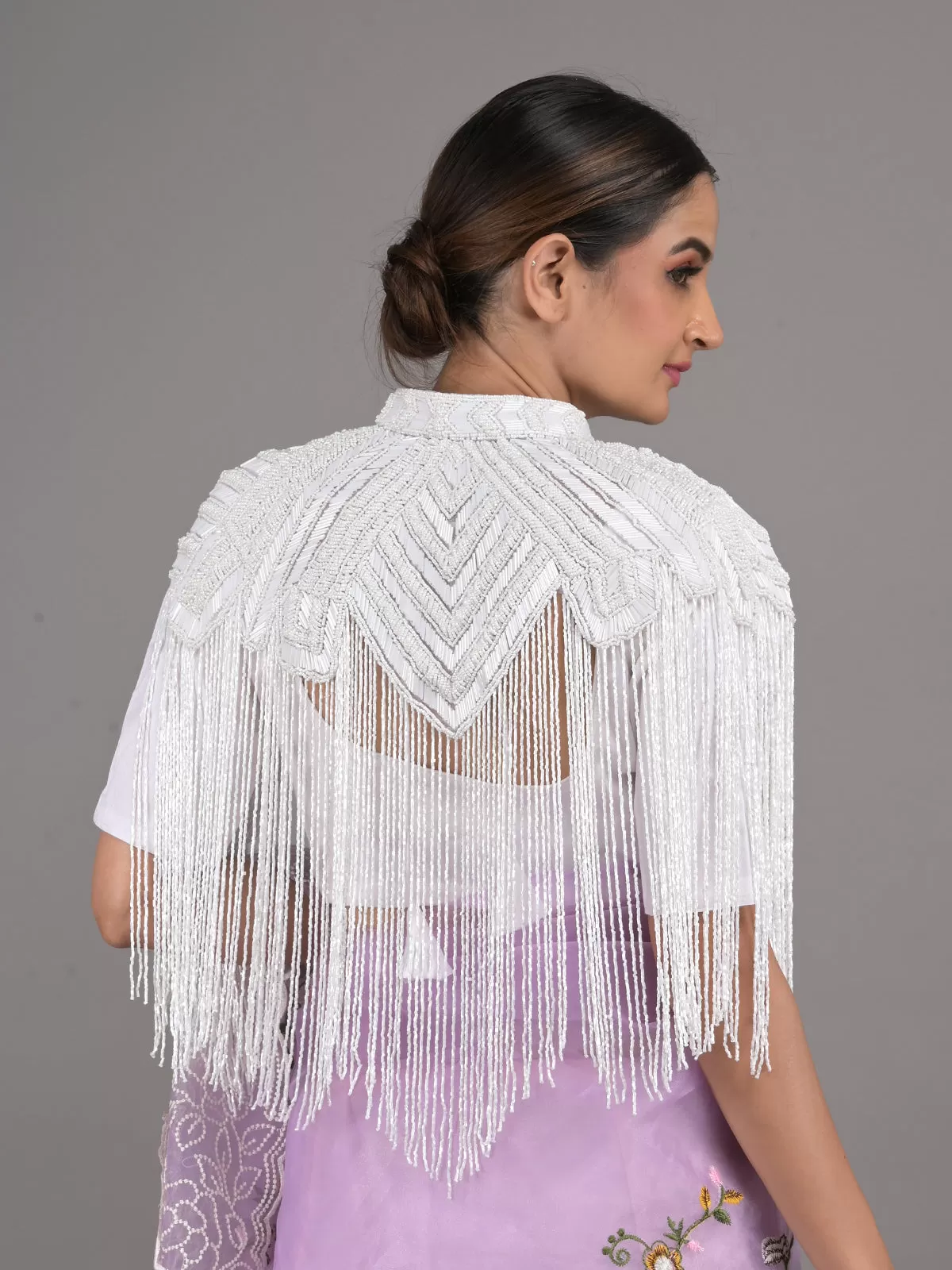 Odette White Embellished Tassels Cape for Women