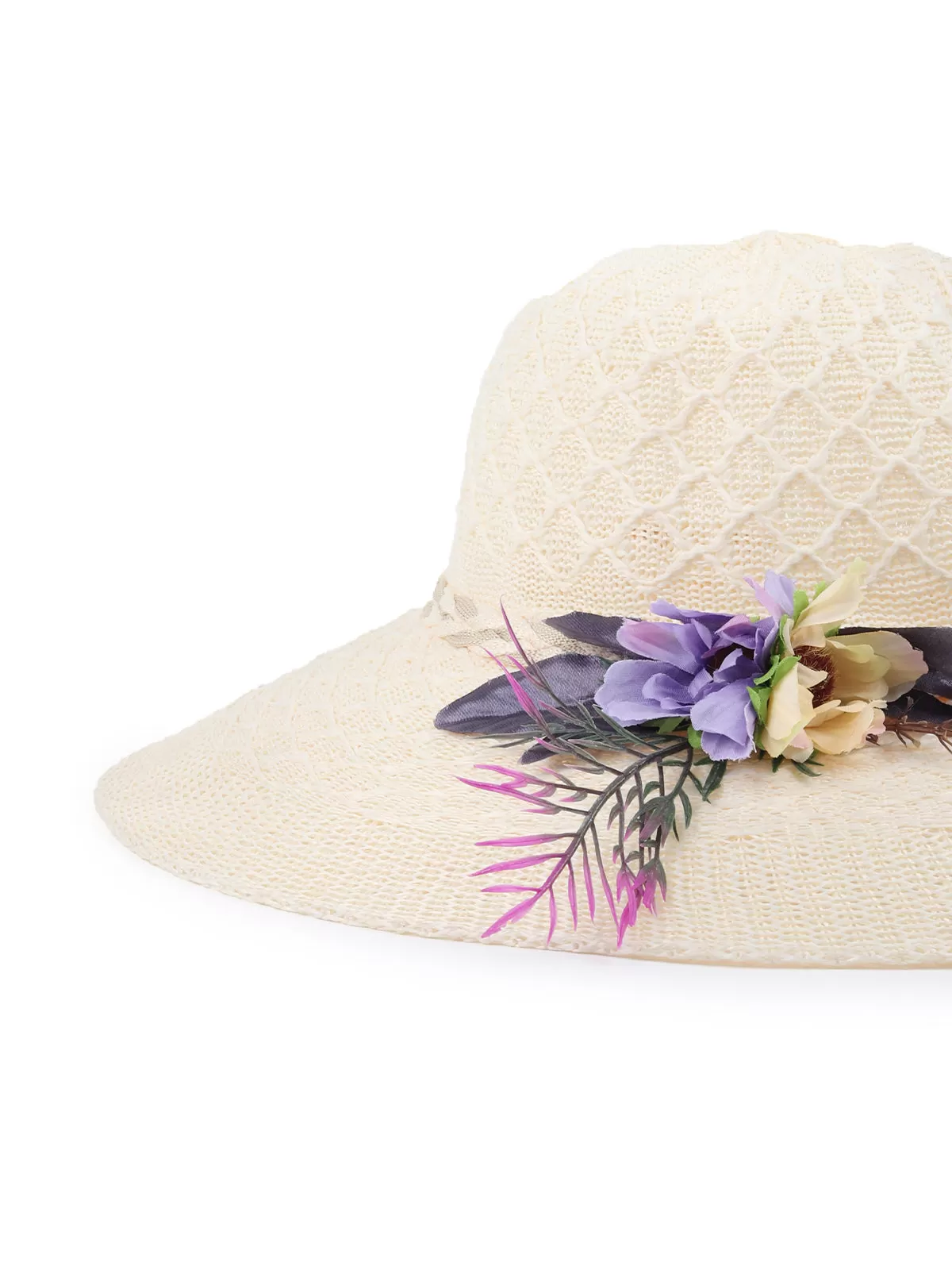 Odette White Self Design Embellished Sun Hat For Women